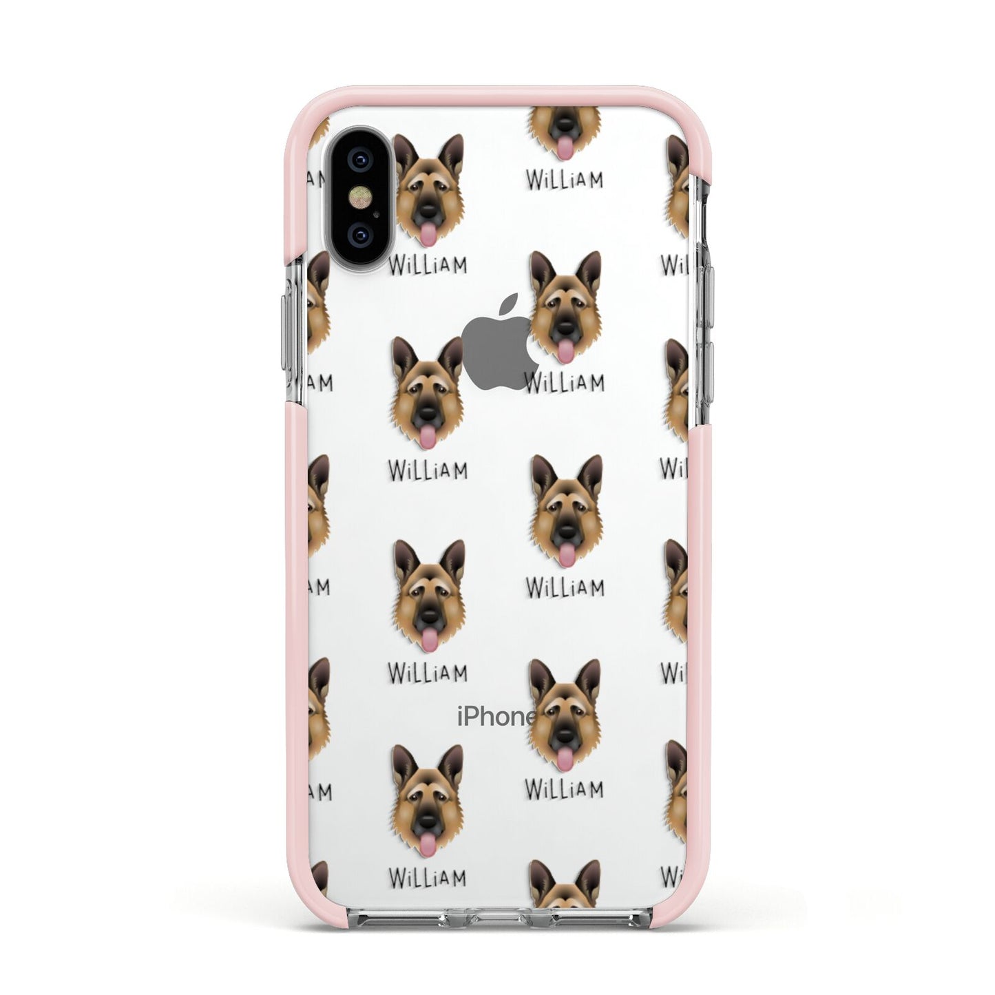 German Shepherd Icon with Name Apple iPhone Xs Impact Case Pink Edge on Silver Phone
