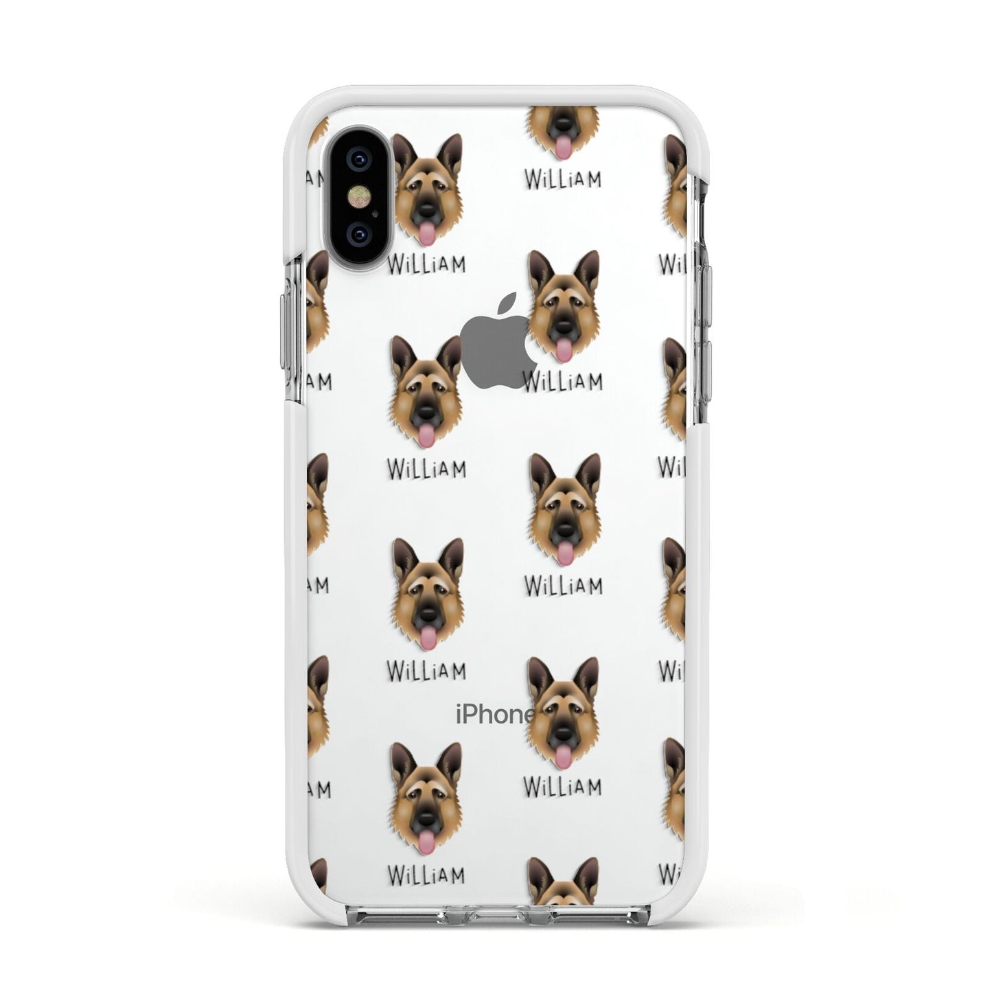 German Shepherd Icon with Name Apple iPhone Xs Impact Case White Edge on Silver Phone