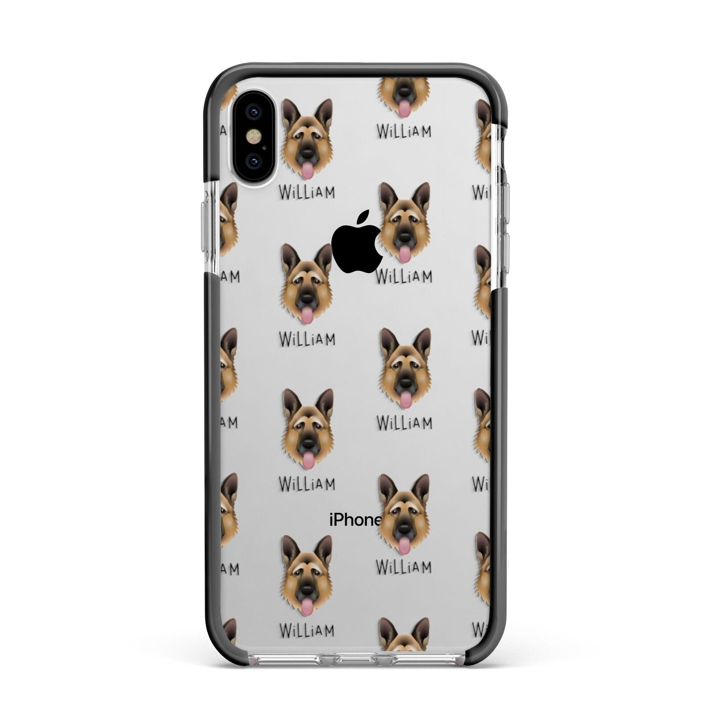 German Shepherd Icon with Name Apple iPhone Xs Max Impact Case Black Edge on Silver Phone