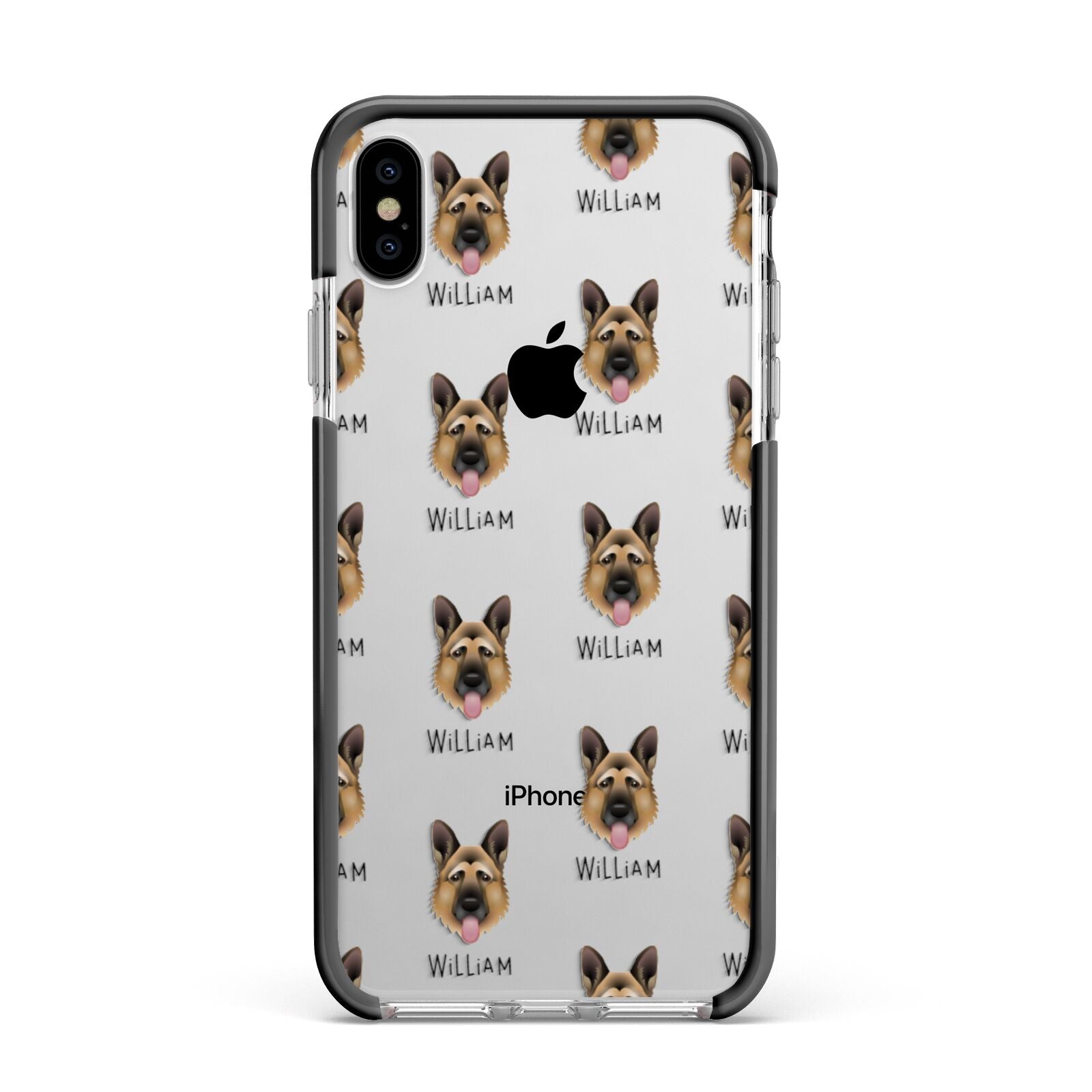 German Shepherd Icon with Name Apple iPhone Xs Max Impact Case Black Edge on Silver Phone