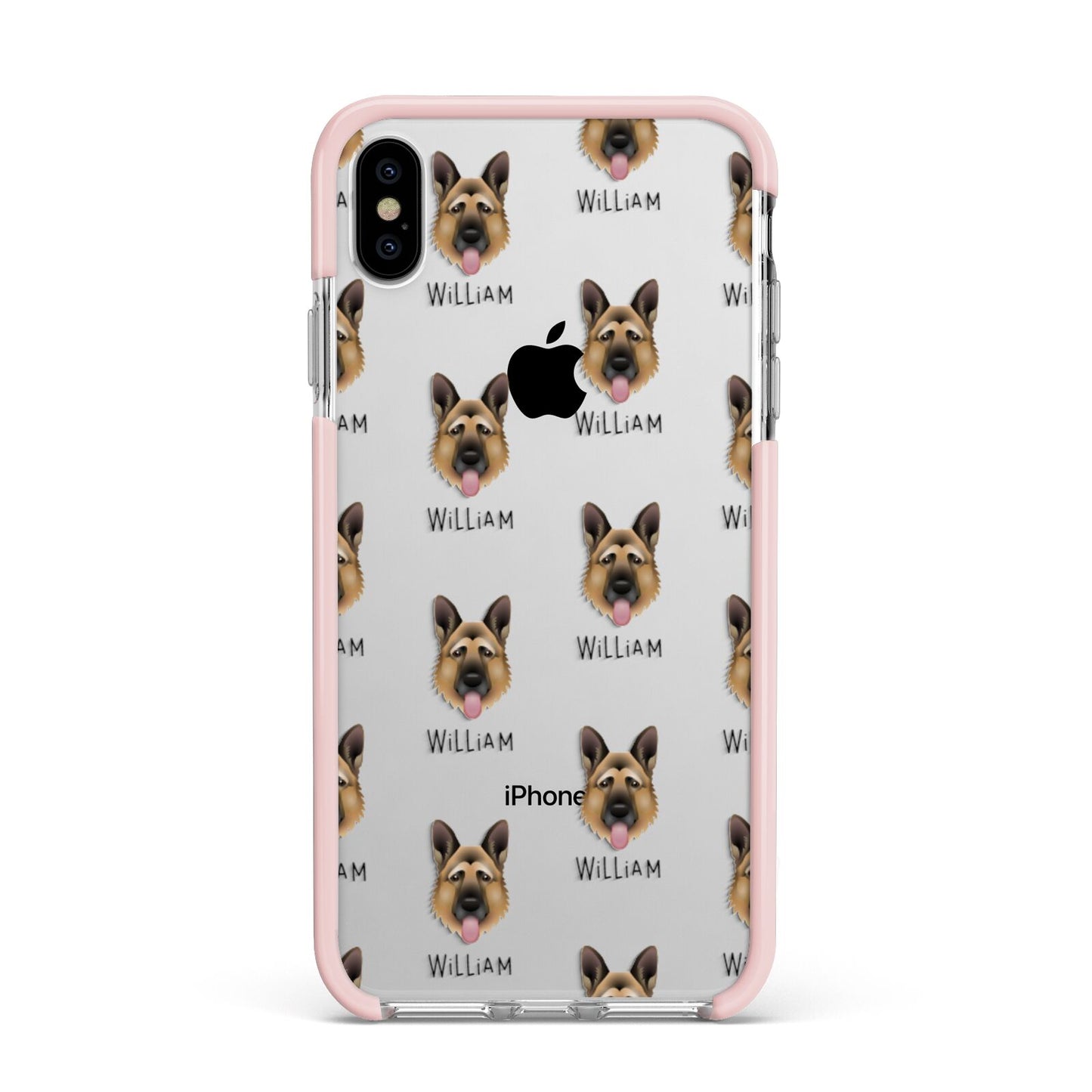 German Shepherd Icon with Name Apple iPhone Xs Max Impact Case Pink Edge on Silver Phone