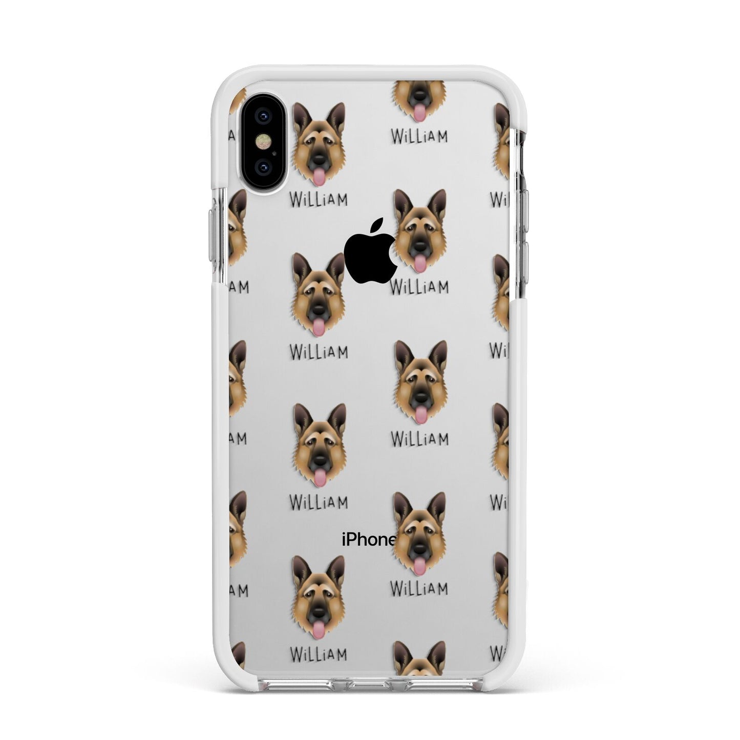 German Shepherd Icon with Name Apple iPhone Xs Max Impact Case White Edge on Silver Phone