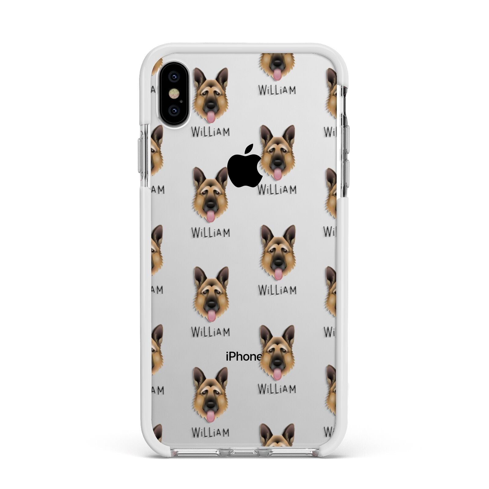 German Shepherd Icon with Name Apple iPhone Xs Max Impact Case White Edge on Silver Phone