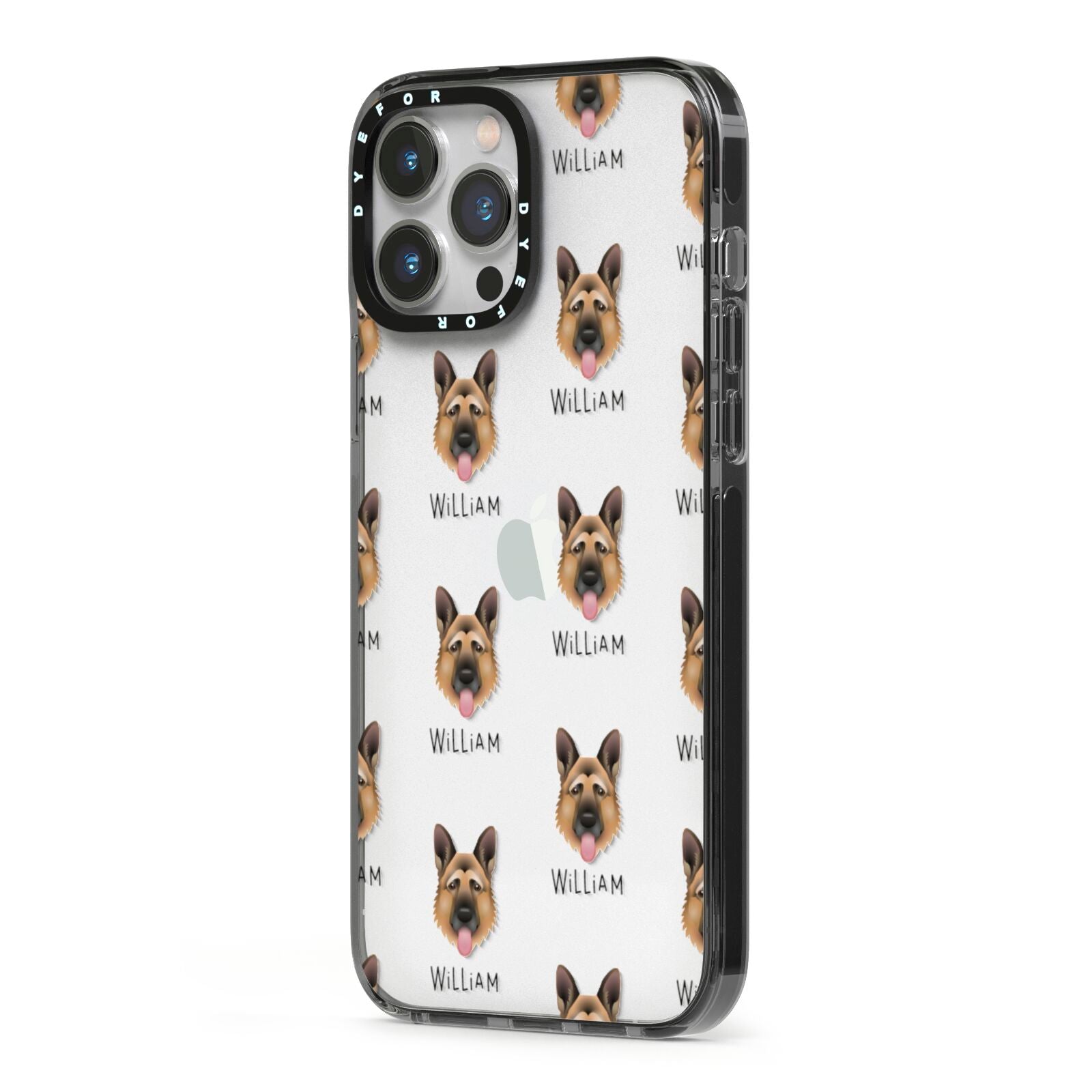 German Shepherd Icon with Name iPhone 13 Pro Max Black Impact Case Side Angle on Silver phone