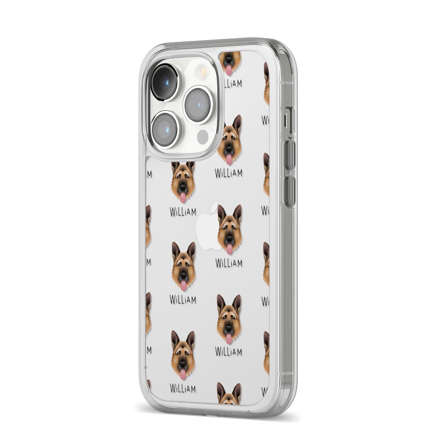 German Shepherd Icon with Name iPhone 14 Pro Clear Tough Case Silver Angled Image