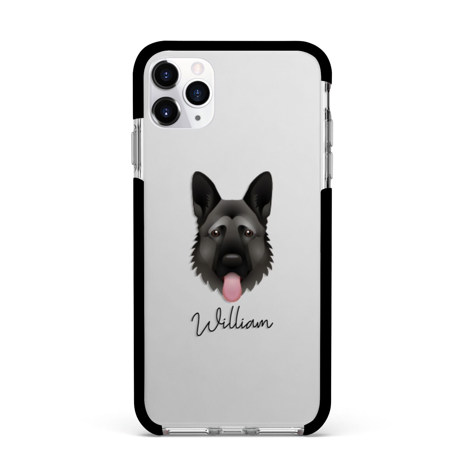 German Shepherd Personalised Apple iPhone 11 Pro Max in Silver with Black Impact Case