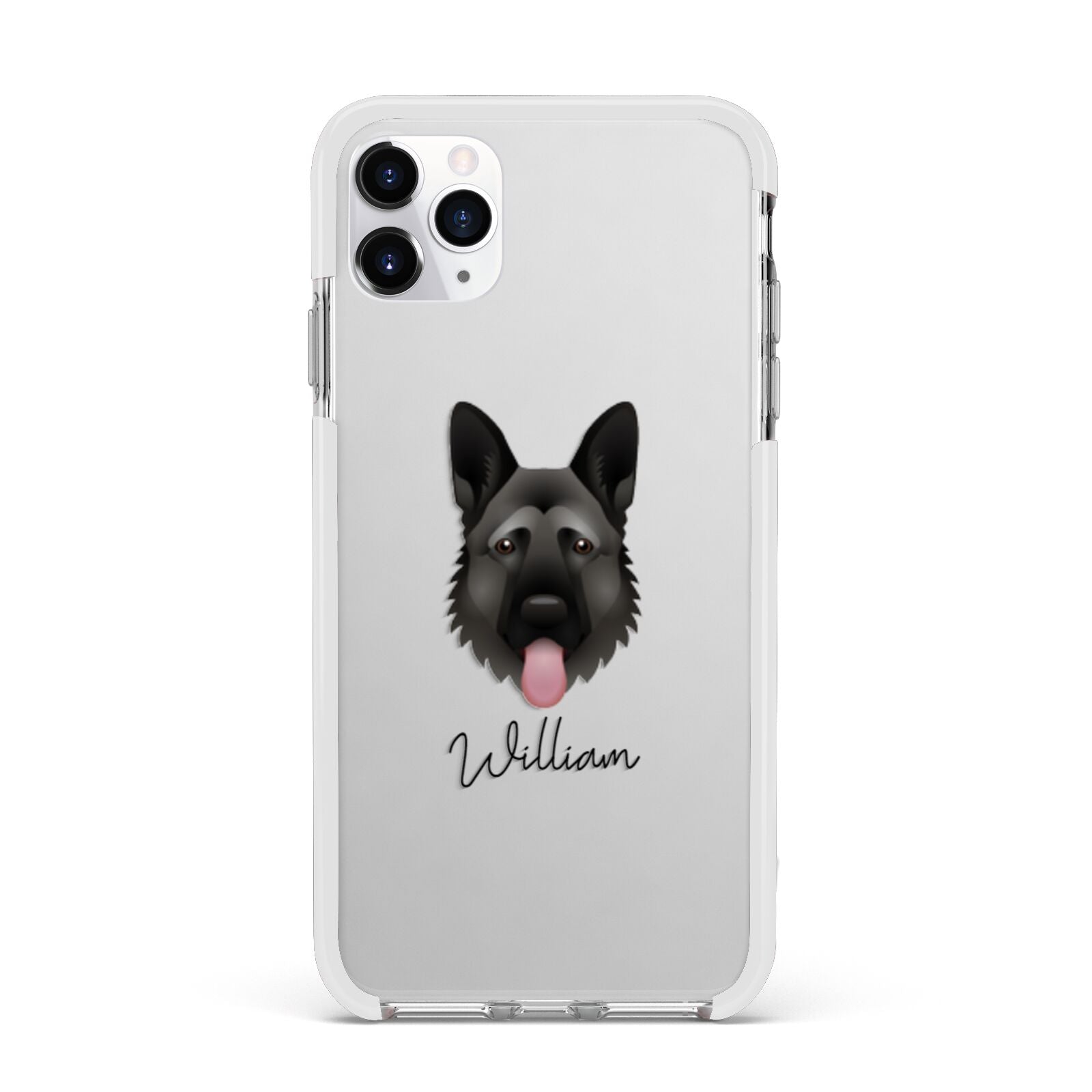 German Shepherd Personalised Apple iPhone 11 Pro Max in Silver with White Impact Case