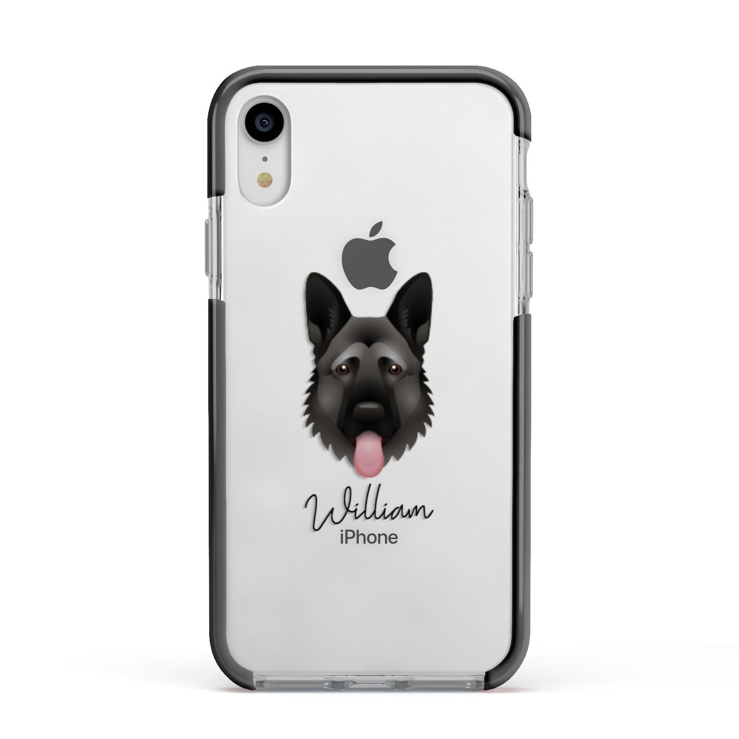 German Shepherd Personalised Apple iPhone XR Impact Case Black Edge on Silver Phone