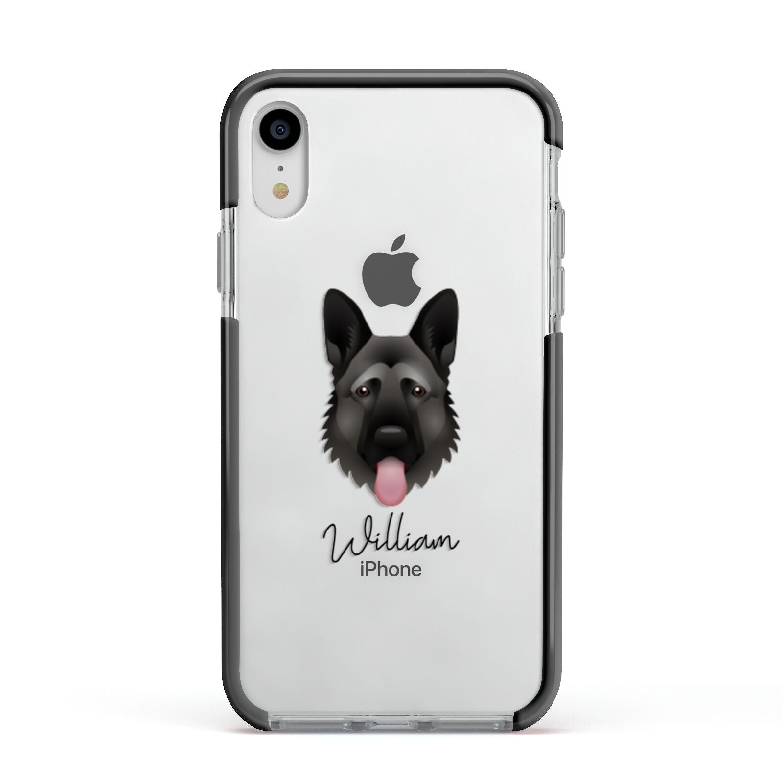 German Shepherd Personalised Apple iPhone XR Impact Case Black Edge on Silver Phone