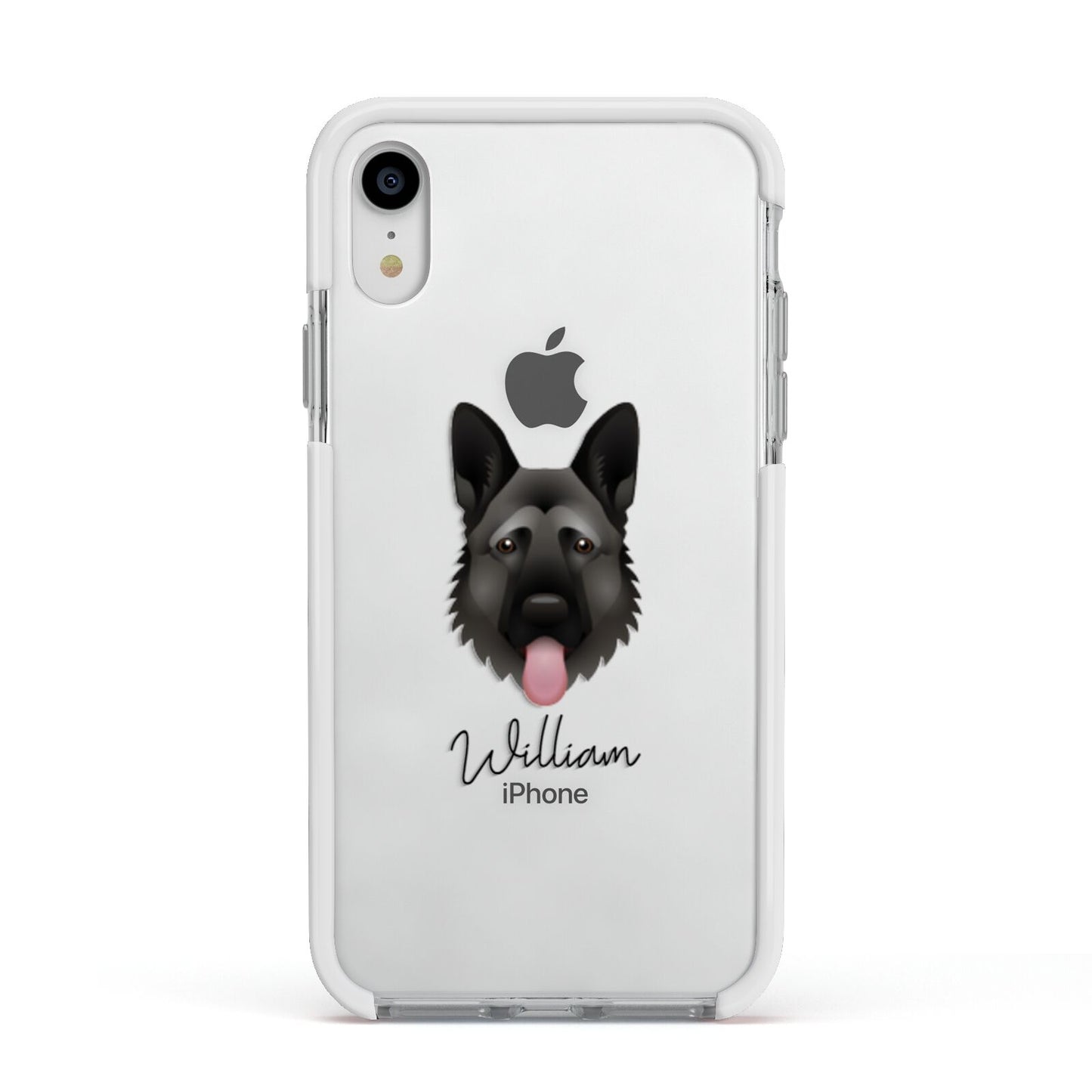 German Shepherd Personalised Apple iPhone XR Impact Case White Edge on Silver Phone