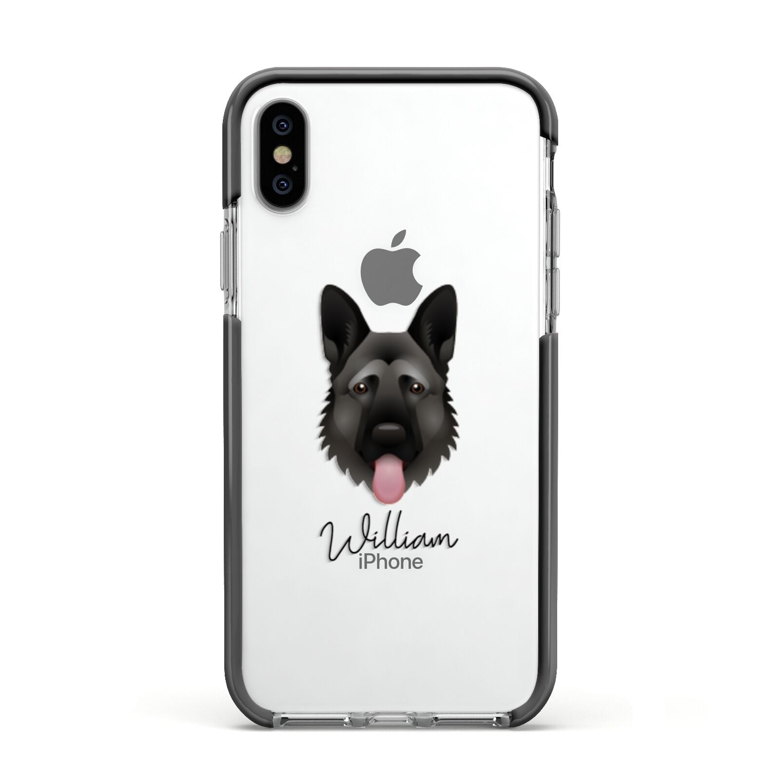 German Shepherd Personalised Apple iPhone Xs Impact Case Black Edge on Silver Phone