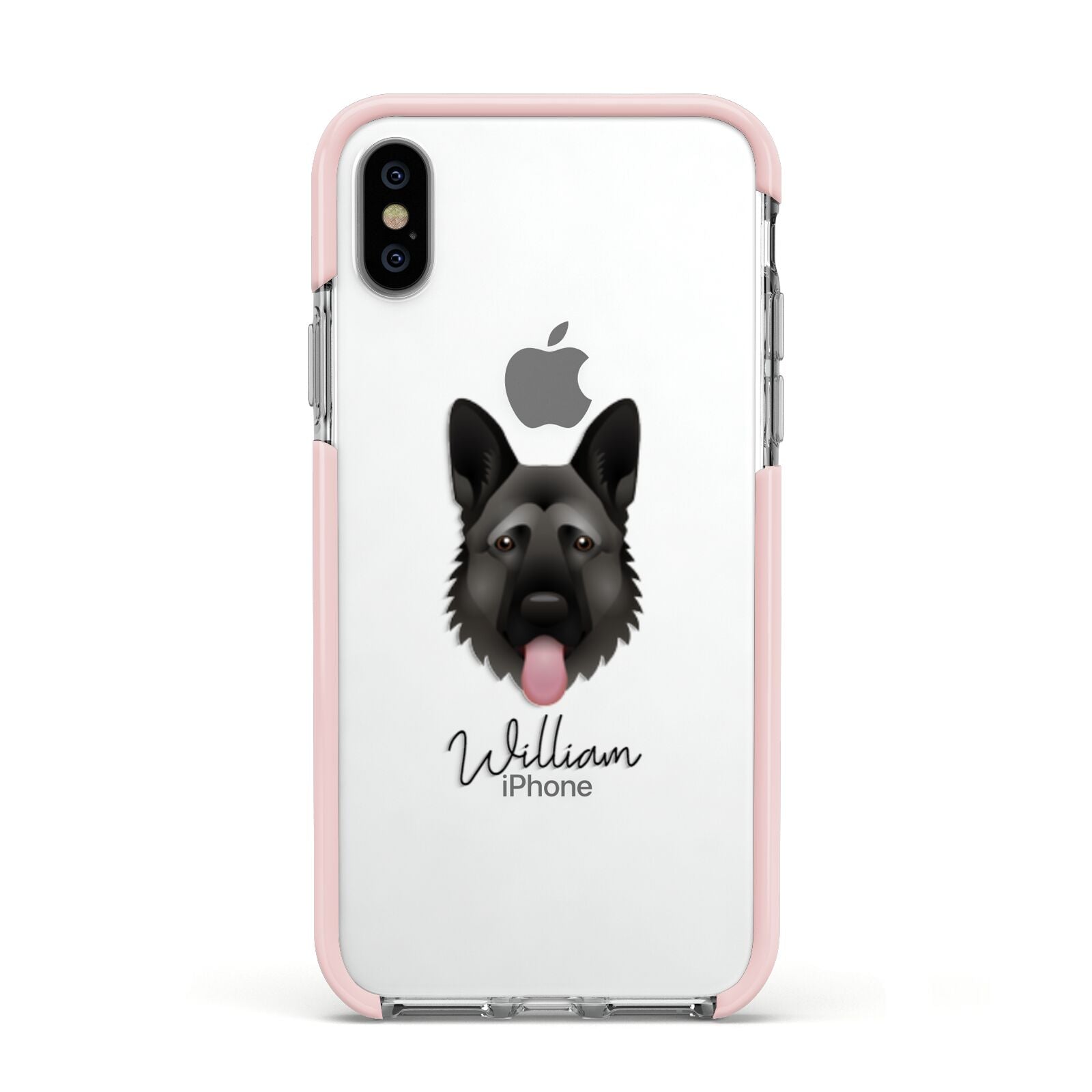 German Shepherd Personalised Apple iPhone Xs Impact Case Pink Edge on Silver Phone