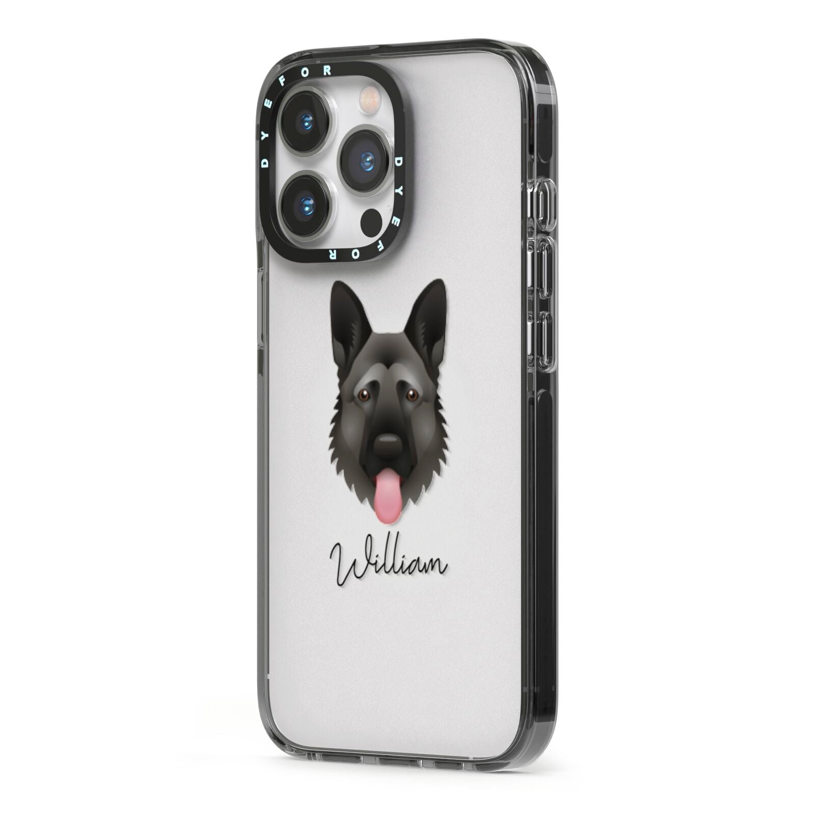 German Shepherd Personalised iPhone 13 Pro Black Impact Case Side Angle on Silver phone