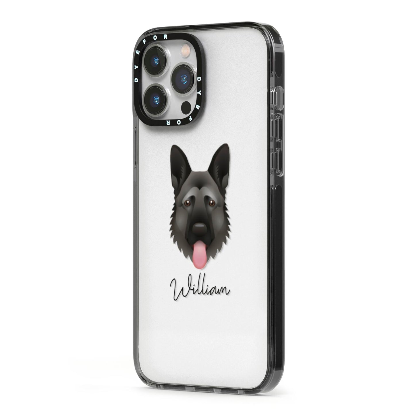 German Shepherd Personalised iPhone 13 Pro Max Black Impact Case Side Angle on Silver phone