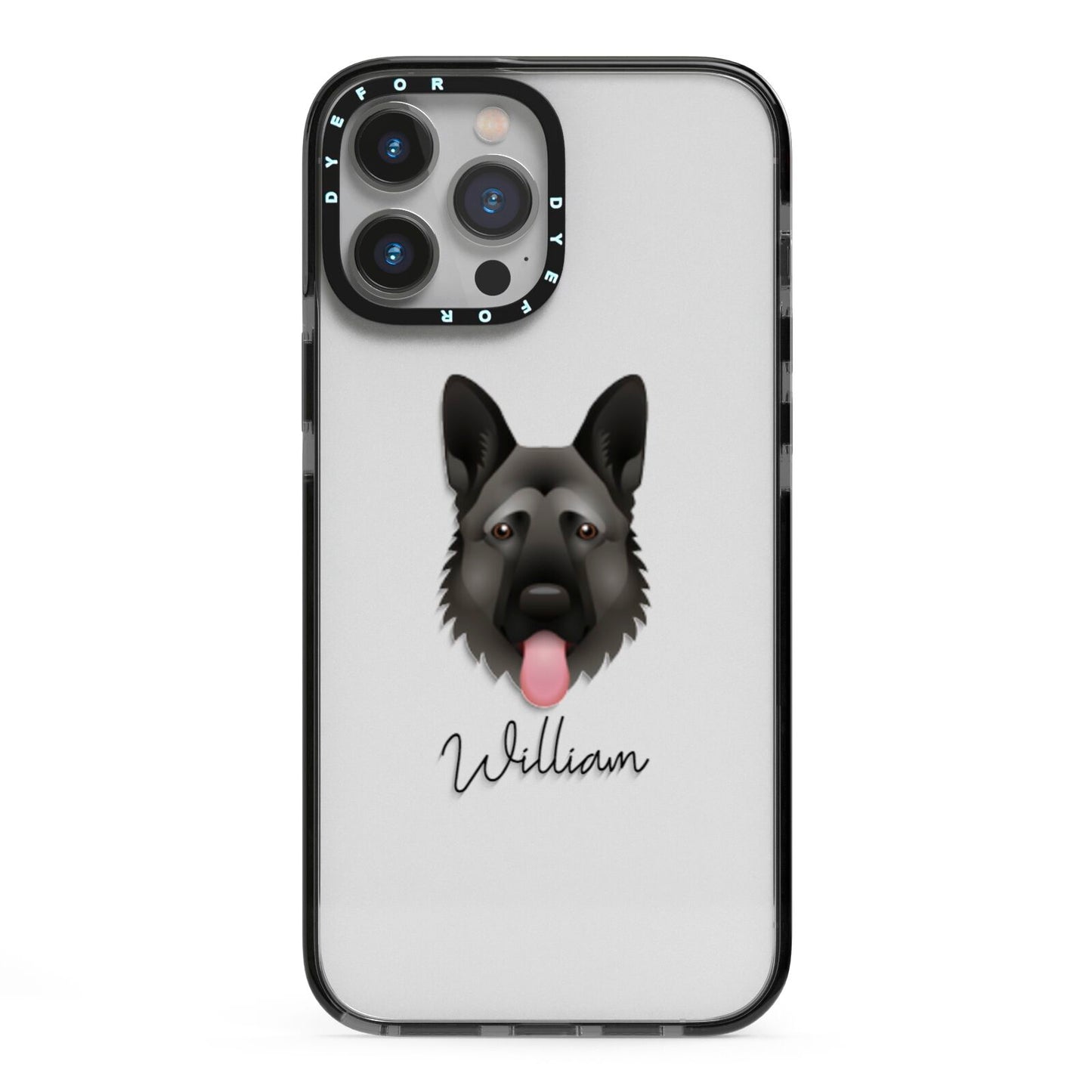 German Shepherd Personalised iPhone 13 Pro Max Black Impact Case on Silver phone