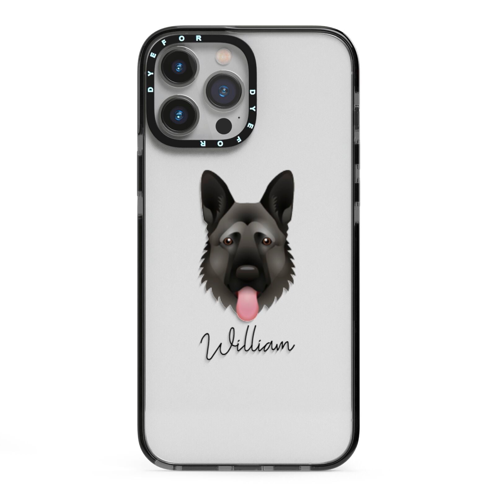 German Shepherd Personalised iPhone 13 Pro Max Black Impact Case on Silver phone