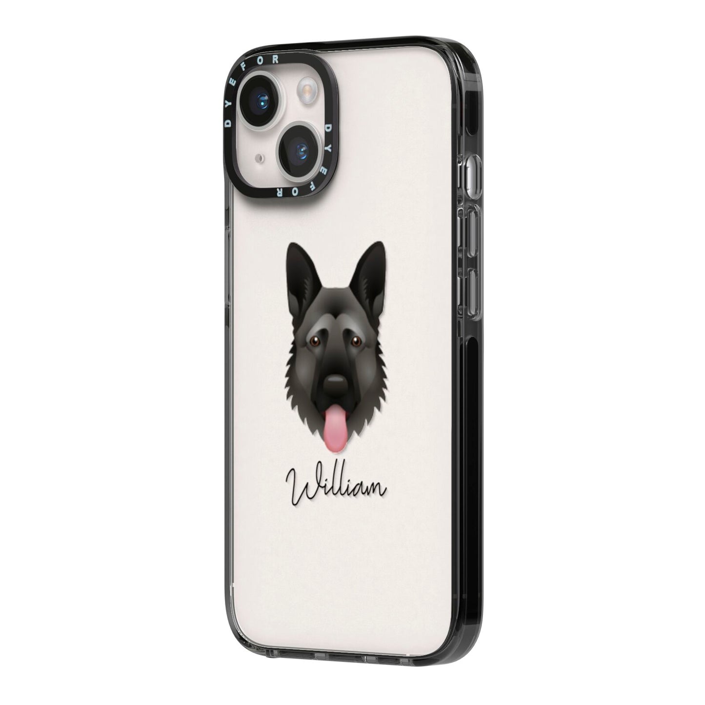 German Shepherd Personalised iPhone 14 Black Impact Case Side Angle on Silver phone