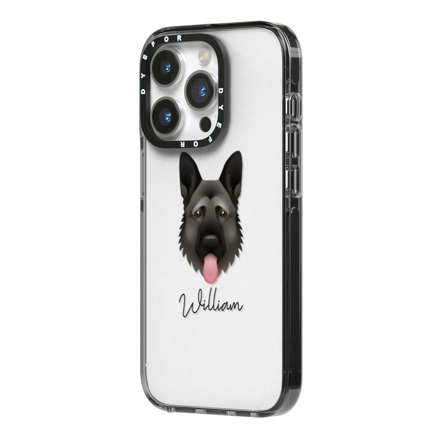 German Shepherd Personalised iPhone 14 Pro Black Impact Case Side Angle on Silver phone