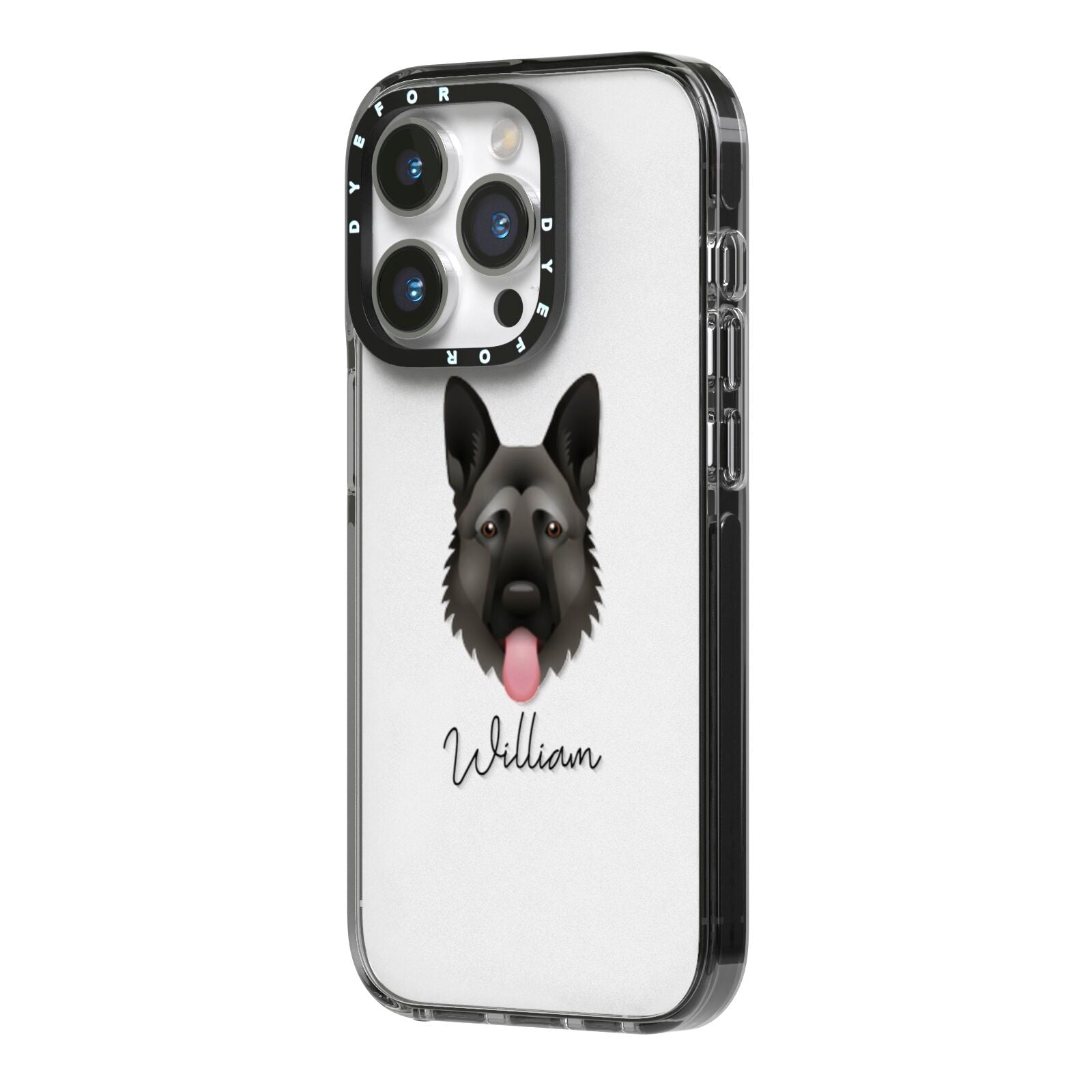 German Shepherd Personalised iPhone 14 Pro Black Impact Case Side Angle on Silver phone