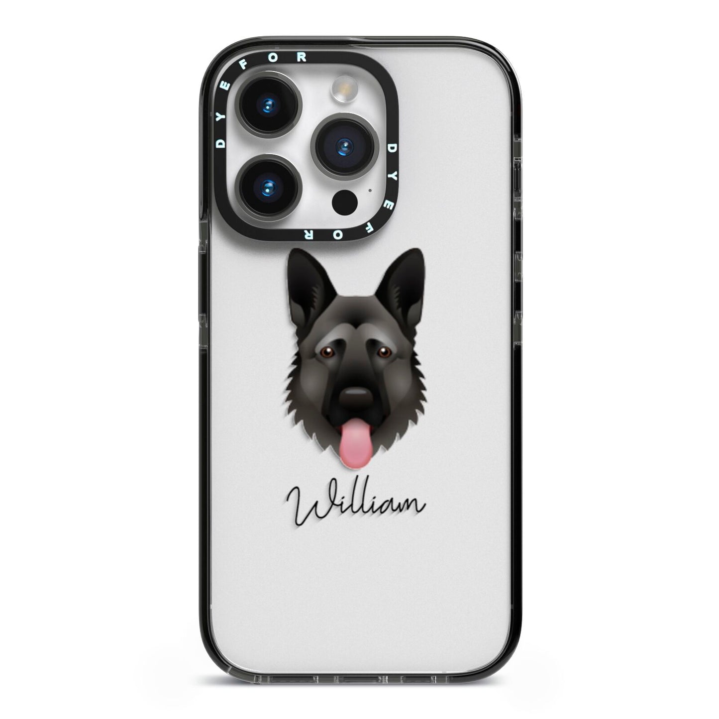 German Shepherd Personalised iPhone 14 Pro Black Impact Case on Silver phone
