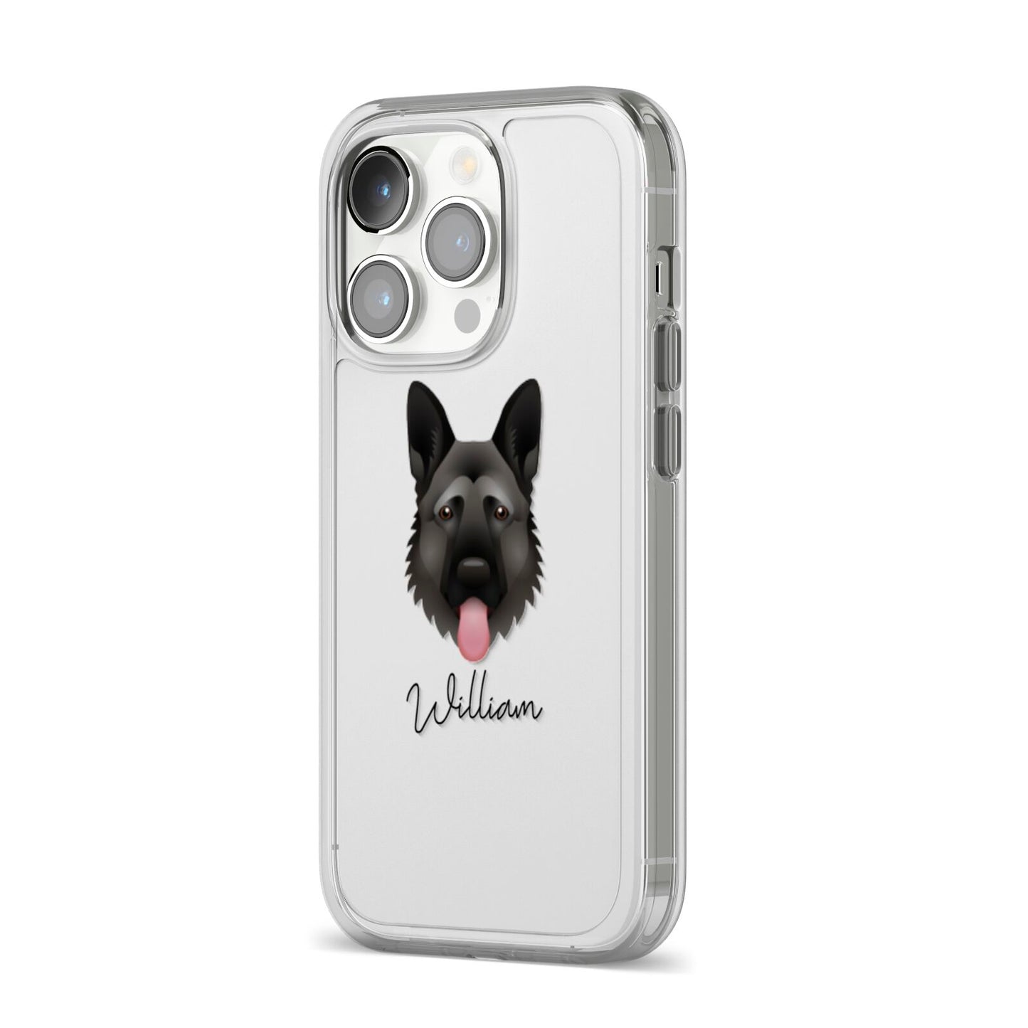German Shepherd Personalised iPhone 14 Pro Clear Tough Case Silver Angled Image