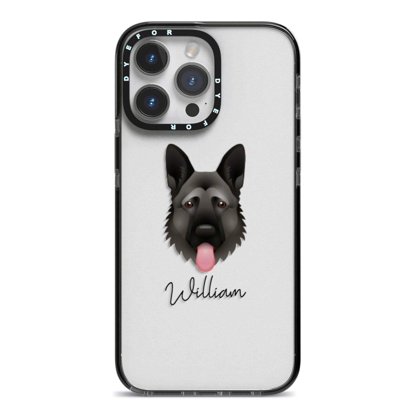 German Shepherd Personalised iPhone 14 Pro Max Black Impact Case on Silver phone