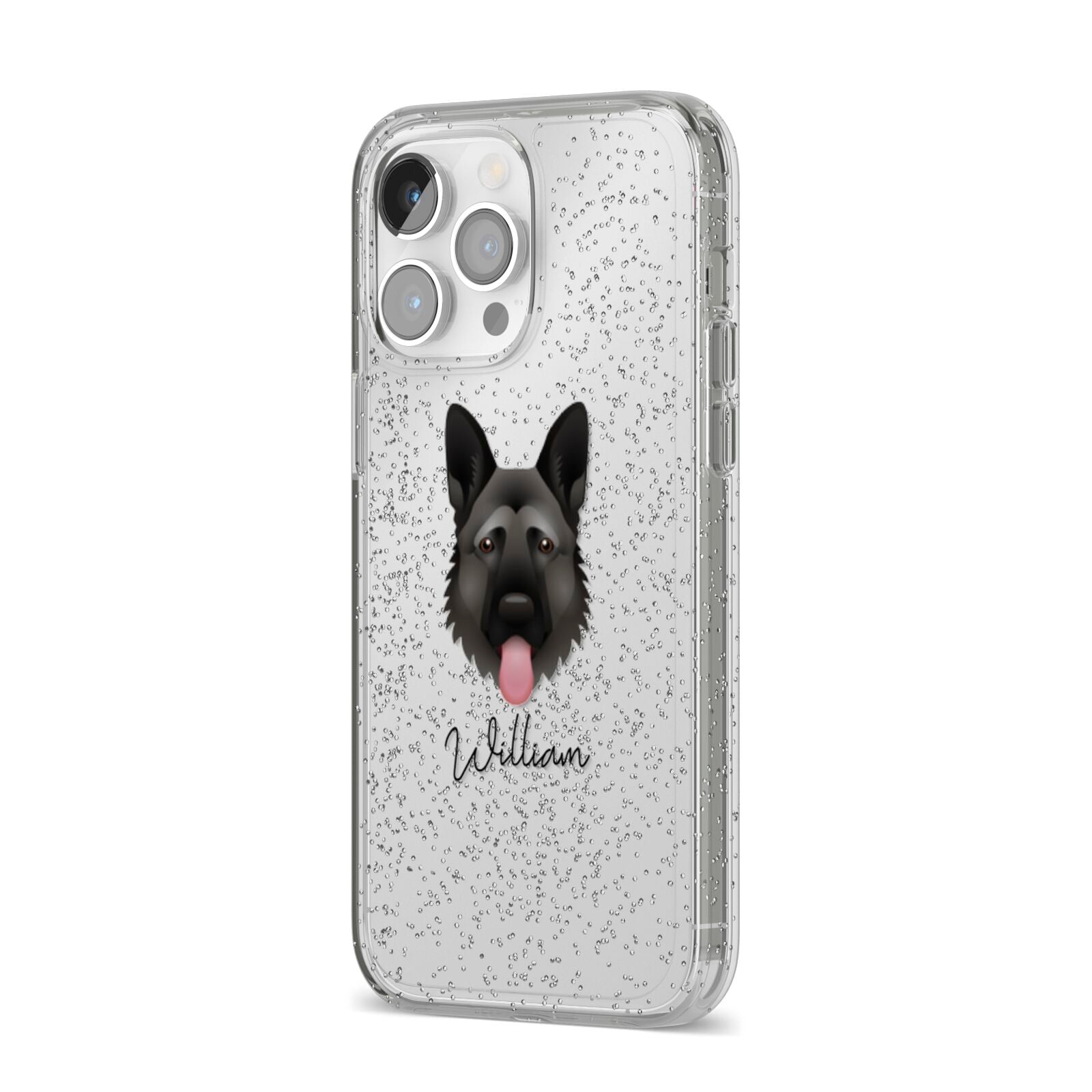 German Shepherd Personalised iPhone 14 Pro Max Glitter Tough Case Silver Angled Image