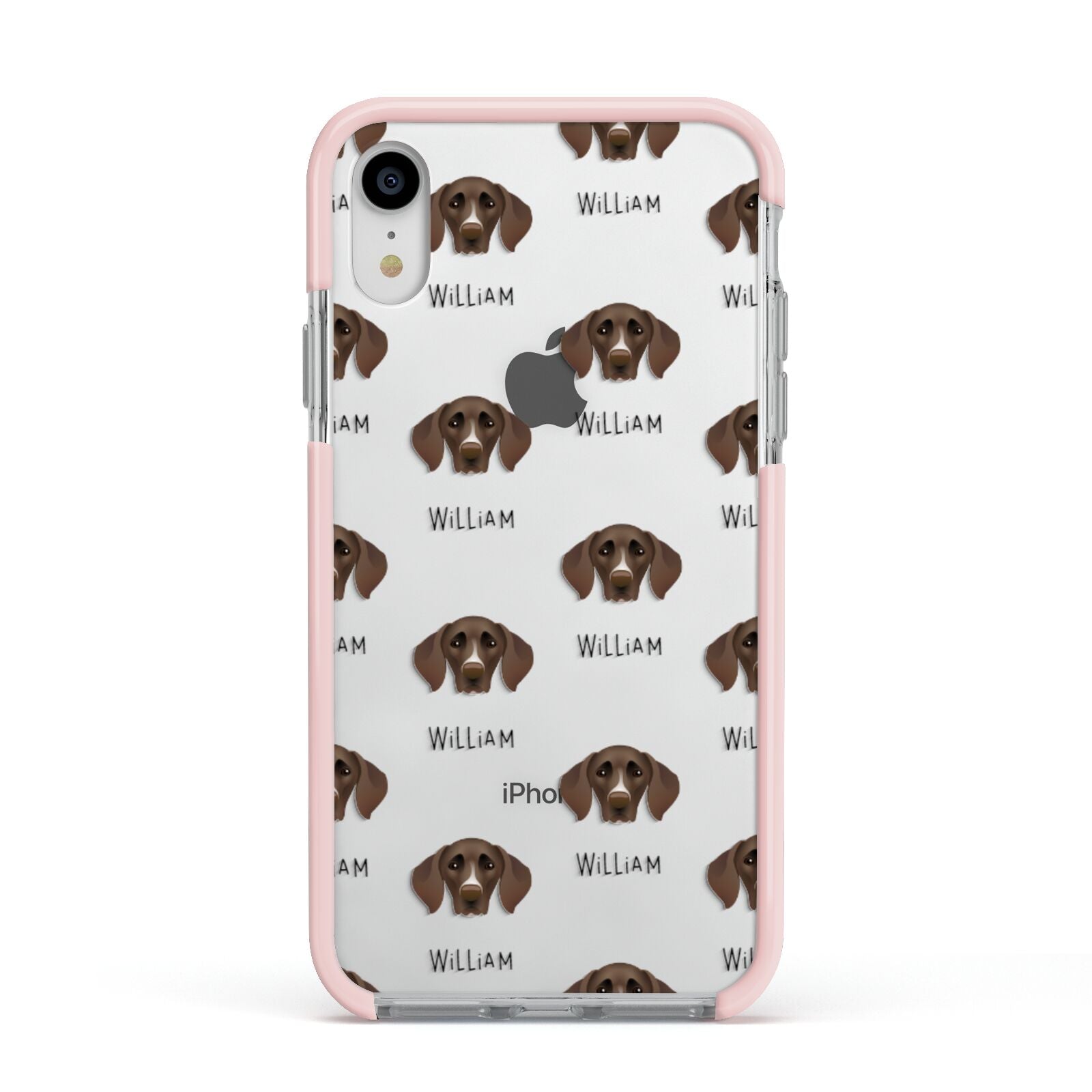 German Shorthaired Pointer Icon with Name Apple iPhone XR Impact Case Pink Edge on Silver Phone
