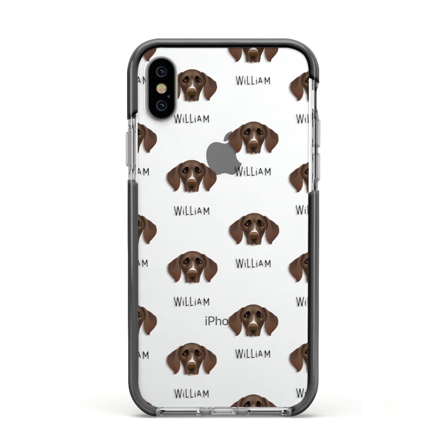 German Shorthaired Pointer Icon with Name Apple iPhone Xs Impact Case Black Edge on Silver Phone