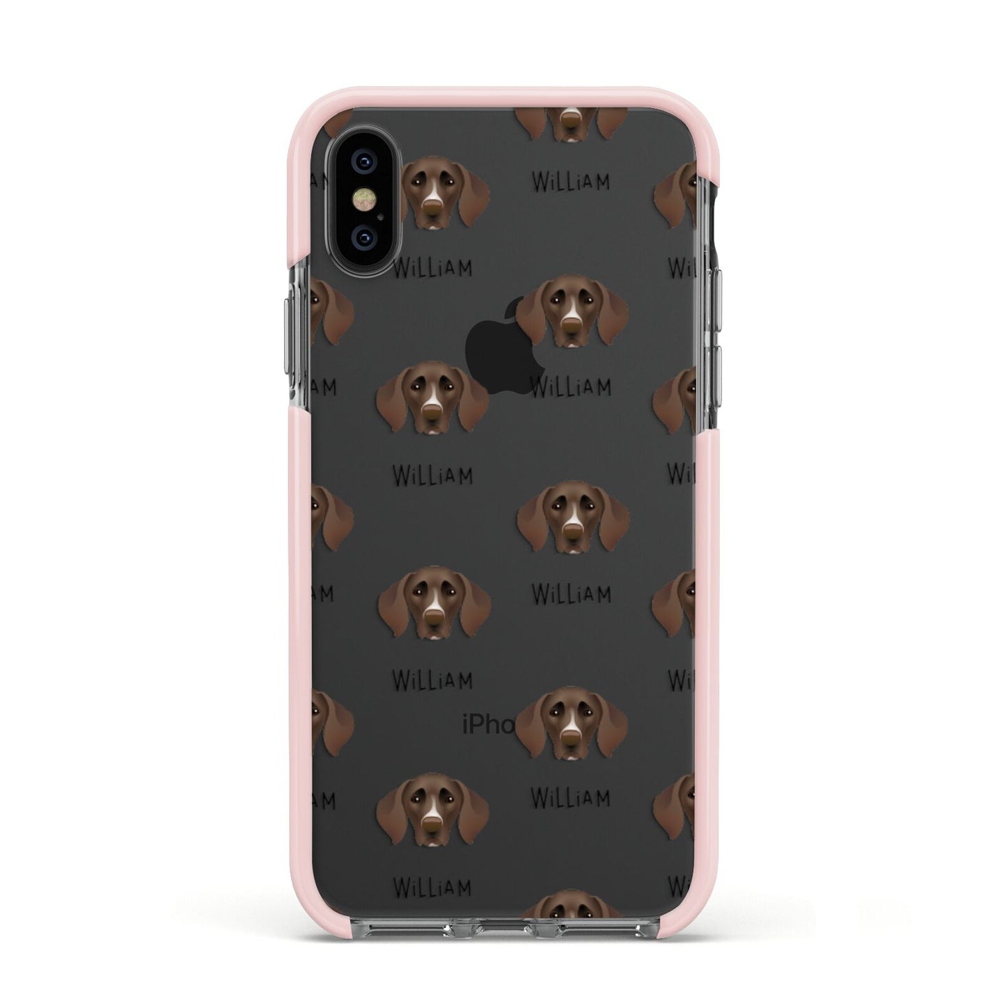 German Shorthaired Pointer Icon with Name Apple iPhone Xs Impact Case Pink Edge on Black Phone