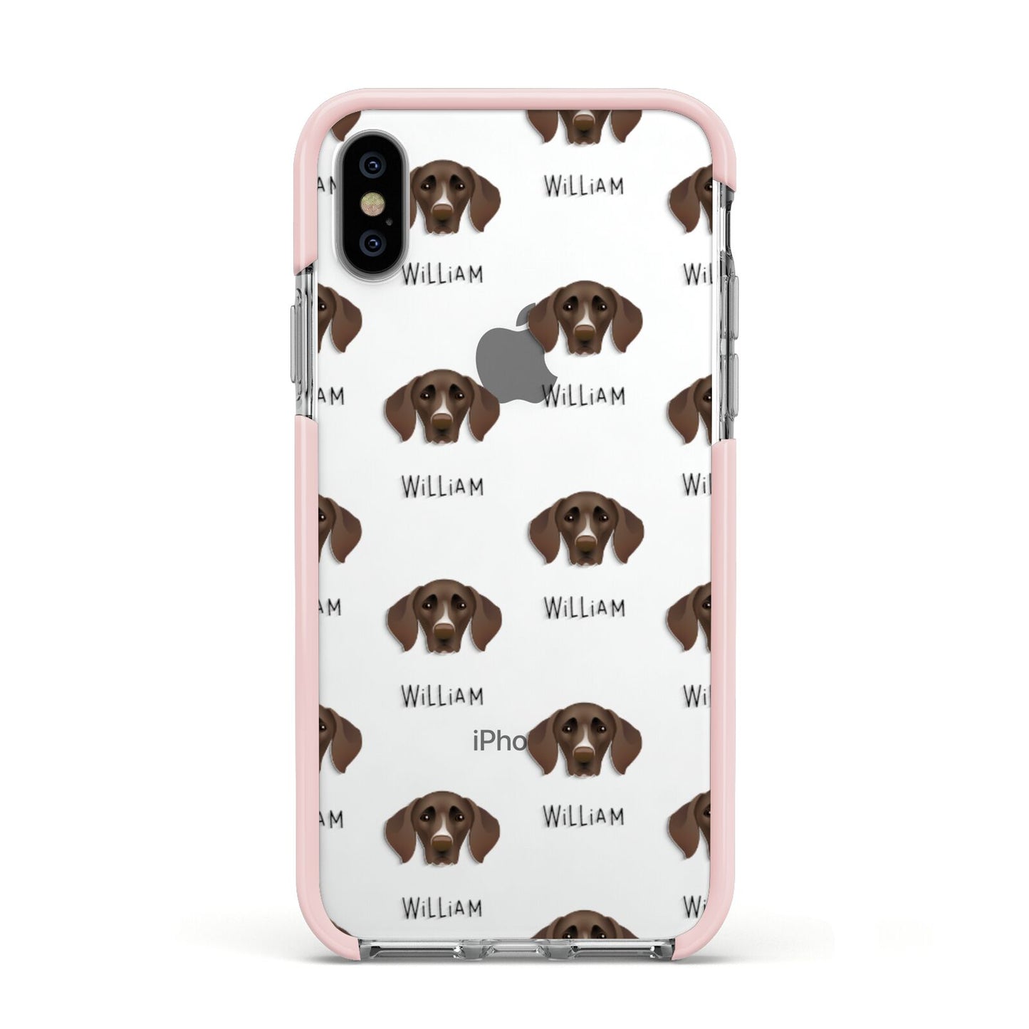German Shorthaired Pointer Icon with Name Apple iPhone Xs Impact Case Pink Edge on Silver Phone