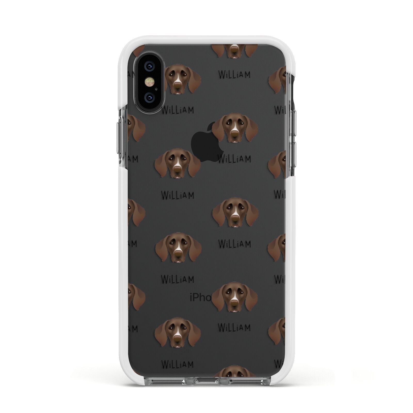 German Shorthaired Pointer Icon with Name Apple iPhone Xs Impact Case White Edge on Black Phone