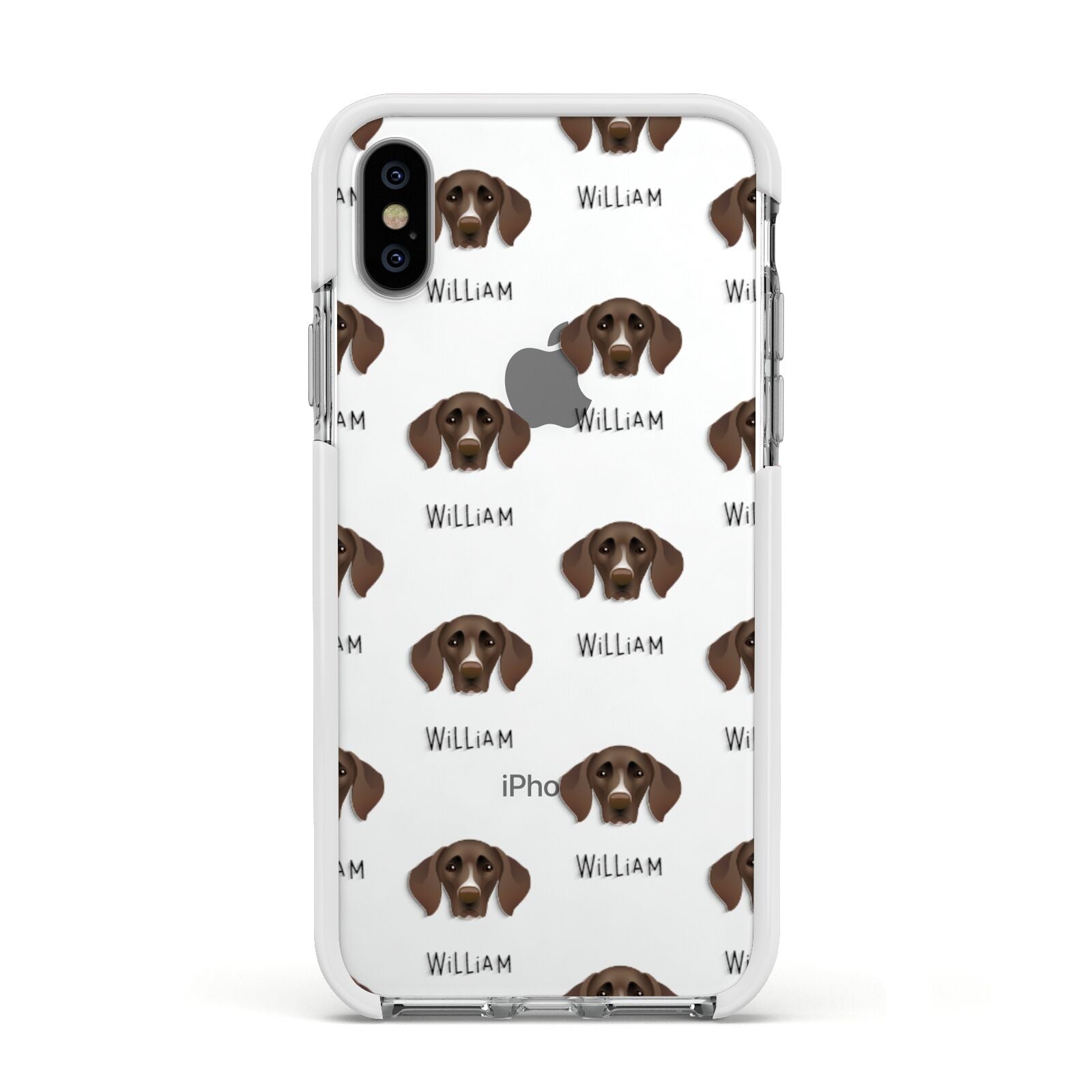 German Shorthaired Pointer Icon with Name Apple iPhone Xs Impact Case White Edge on Silver Phone