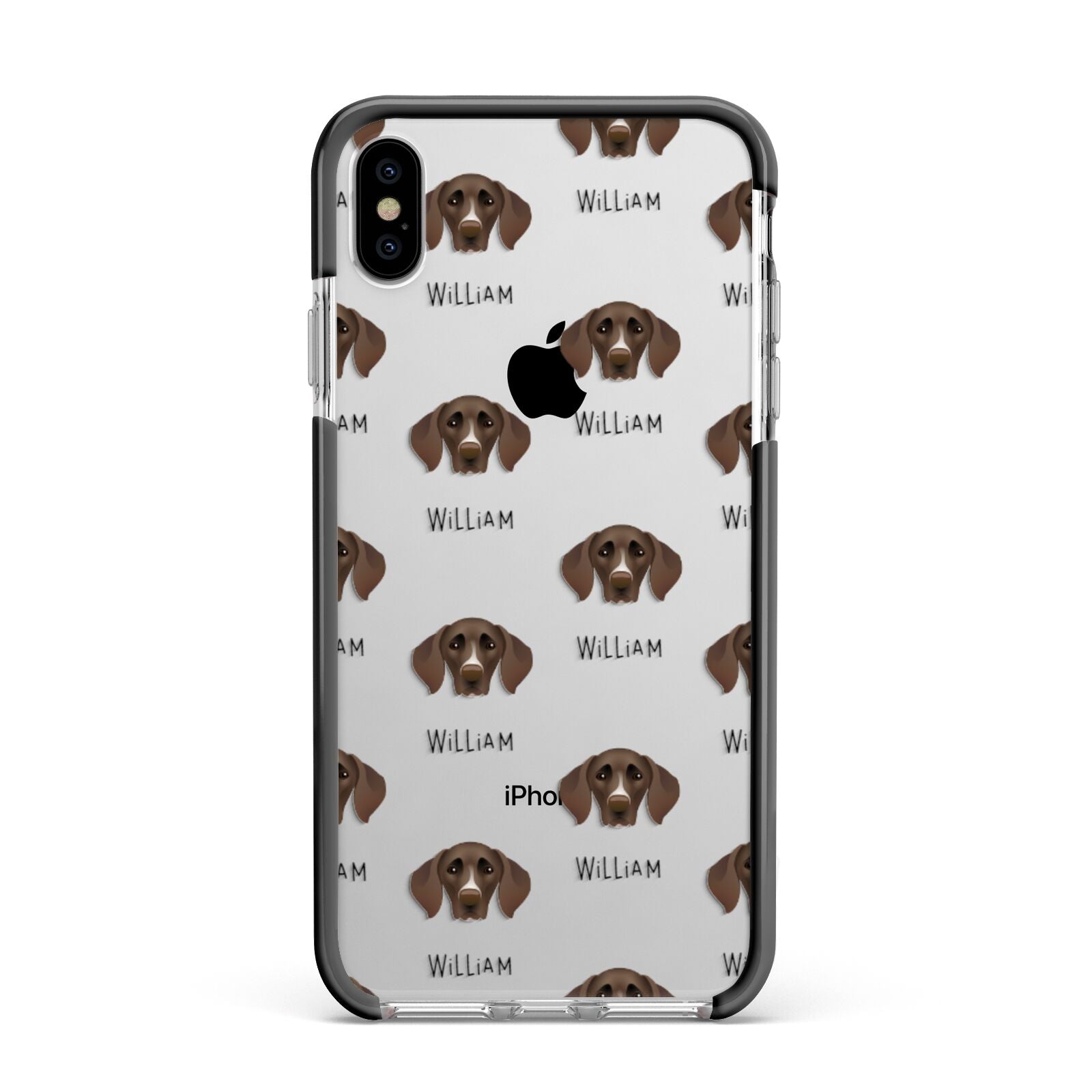 German Shorthaired Pointer Icon with Name Apple iPhone Xs Max Impact Case Black Edge on Silver Phone