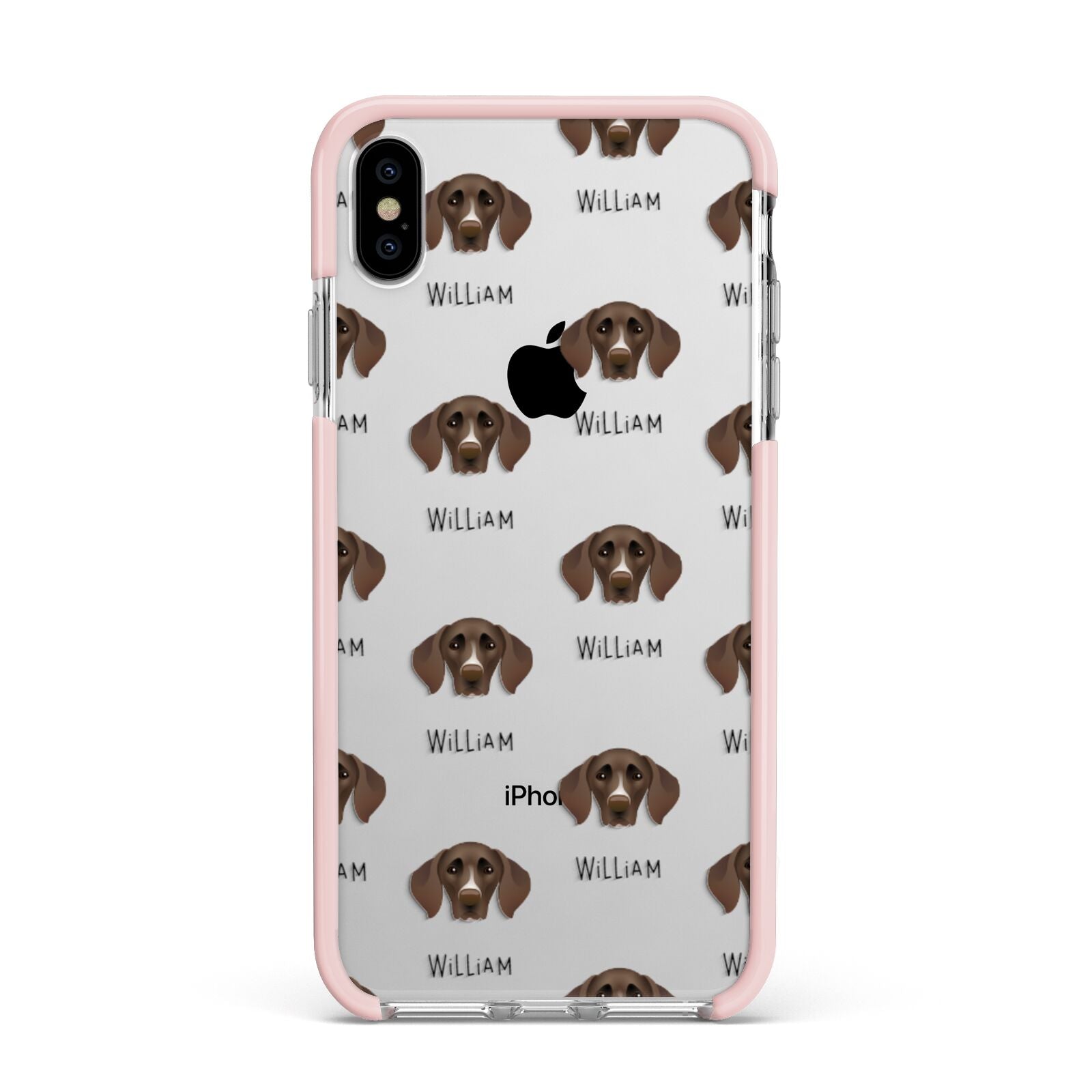 German Shorthaired Pointer Icon with Name Apple iPhone Xs Max Impact Case Pink Edge on Silver Phone
