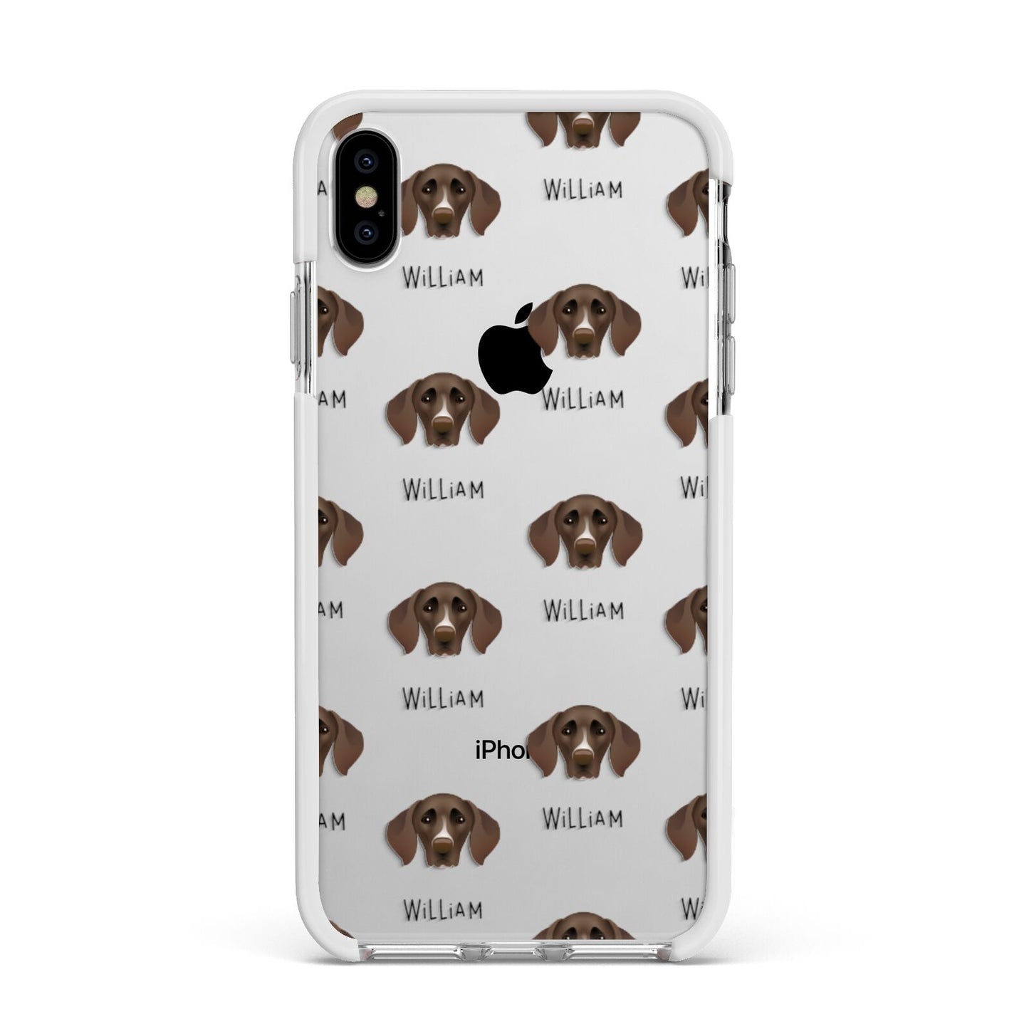 German Shorthaired Pointer Icon with Name Apple iPhone Xs Max Impact Case White Edge on Silver Phone