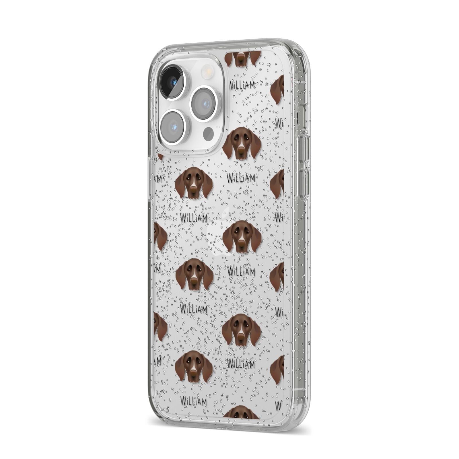 German Shorthaired Pointer Icon with Name iPhone 14 Pro Max Glitter Tough Case Silver Angled Image