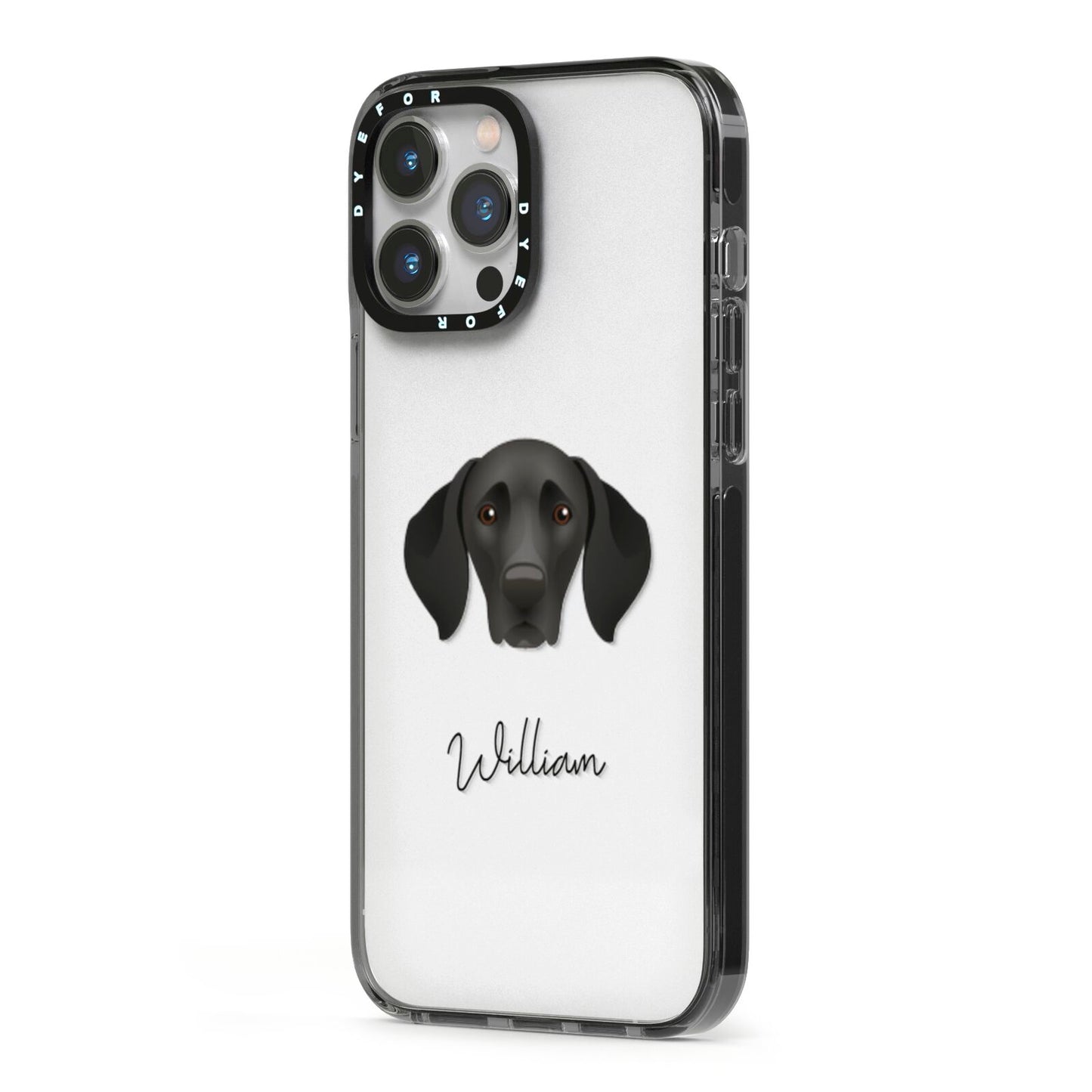 German Shorthaired Pointer Personalised iPhone 13 Pro Max Black Impact Case Side Angle on Silver phone