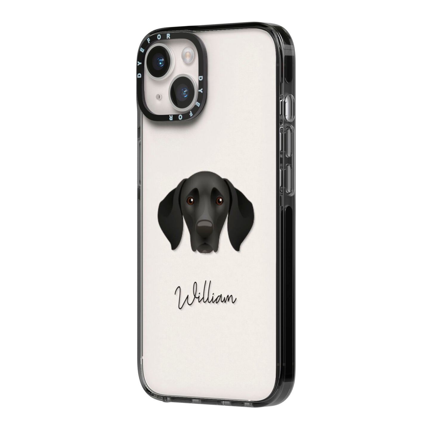 German Shorthaired Pointer Personalised iPhone 14 Black Impact Case Side Angle on Silver phone