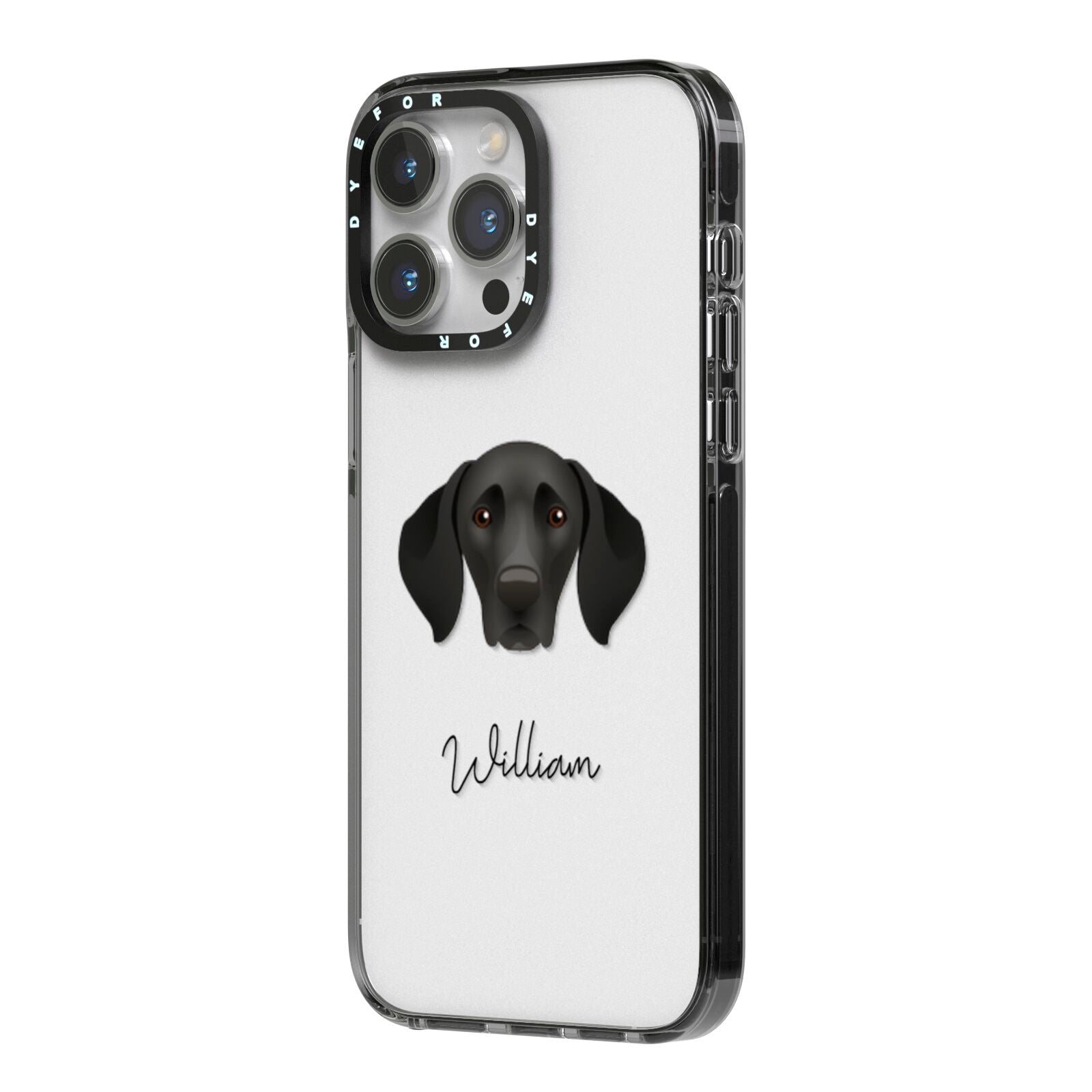 German Shorthaired Pointer Personalised iPhone 14 Pro Max Black Impact Case Side Angle on Silver phone