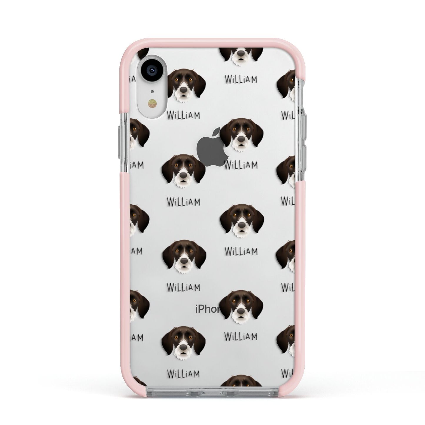 German Wirehaired Pointer Icon with Name Apple iPhone XR Impact Case Pink Edge on Silver Phone