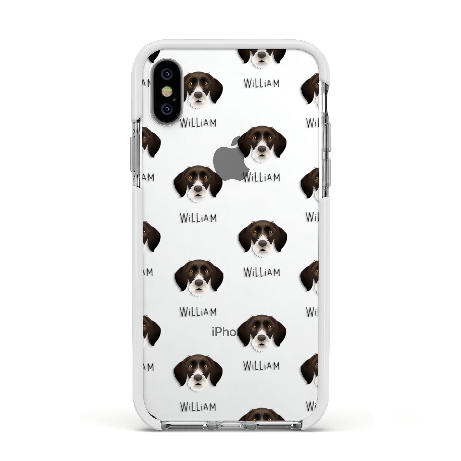 German Wirehaired Pointer Icon with Name Apple iPhone Xs Impact Case White Edge on Silver Phone