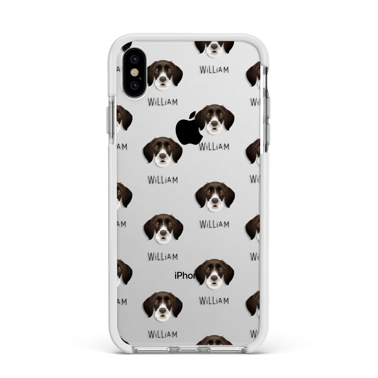 German Wirehaired Pointer Icon with Name Apple iPhone Xs Max Impact Case White Edge on Silver Phone