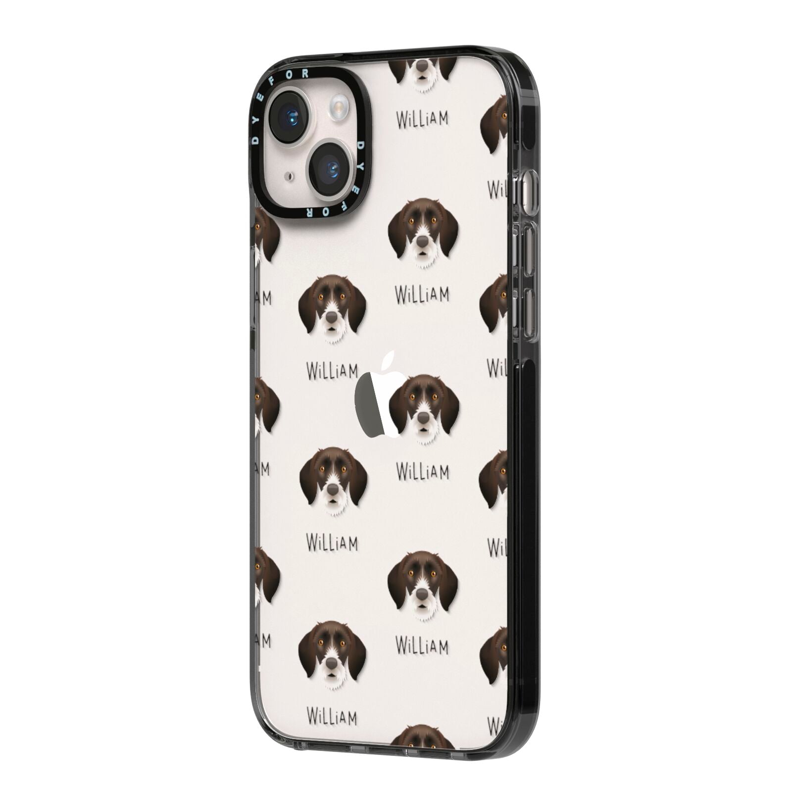 German Wirehaired Pointer Icon with Name iPhone 14 Plus Black Impact Case Side Angle on Silver phone