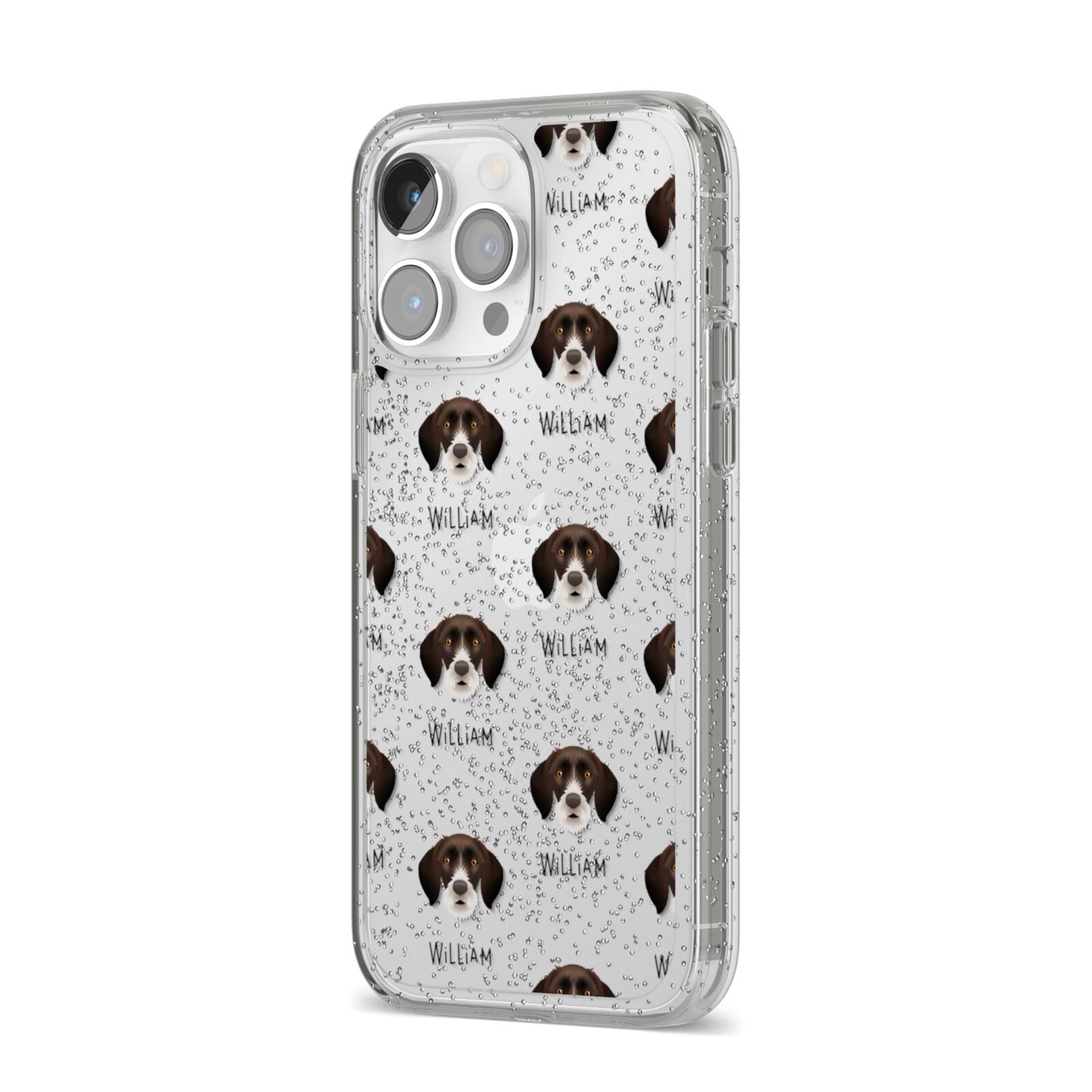 German Wirehaired Pointer Icon with Name iPhone 14 Pro Max Glitter Tough Case Silver Angled Image