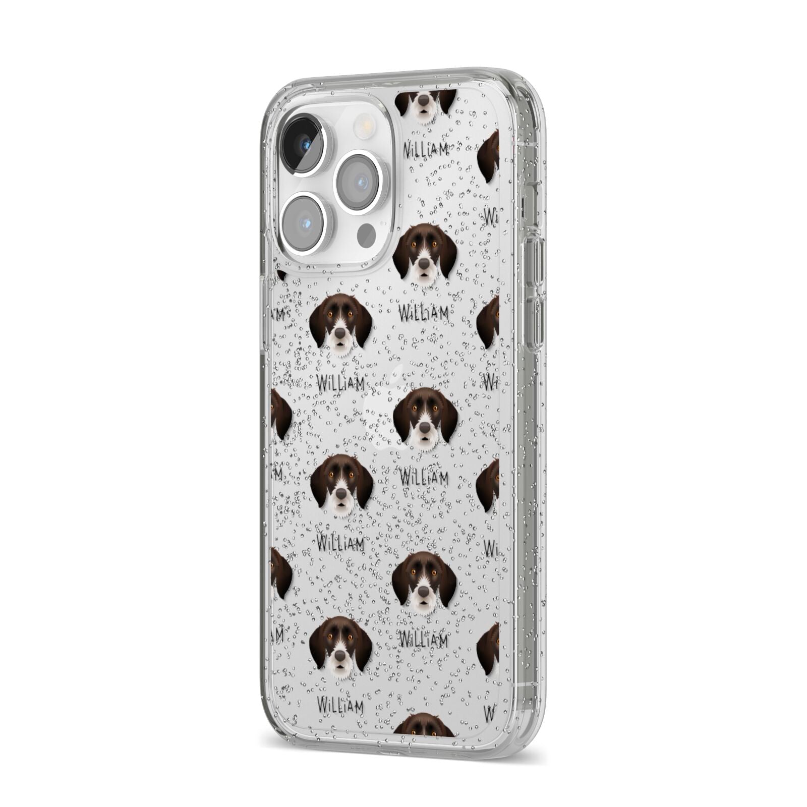 German Wirehaired Pointer Icon with Name iPhone 14 Pro Max Glitter Tough Case Silver Angled Image