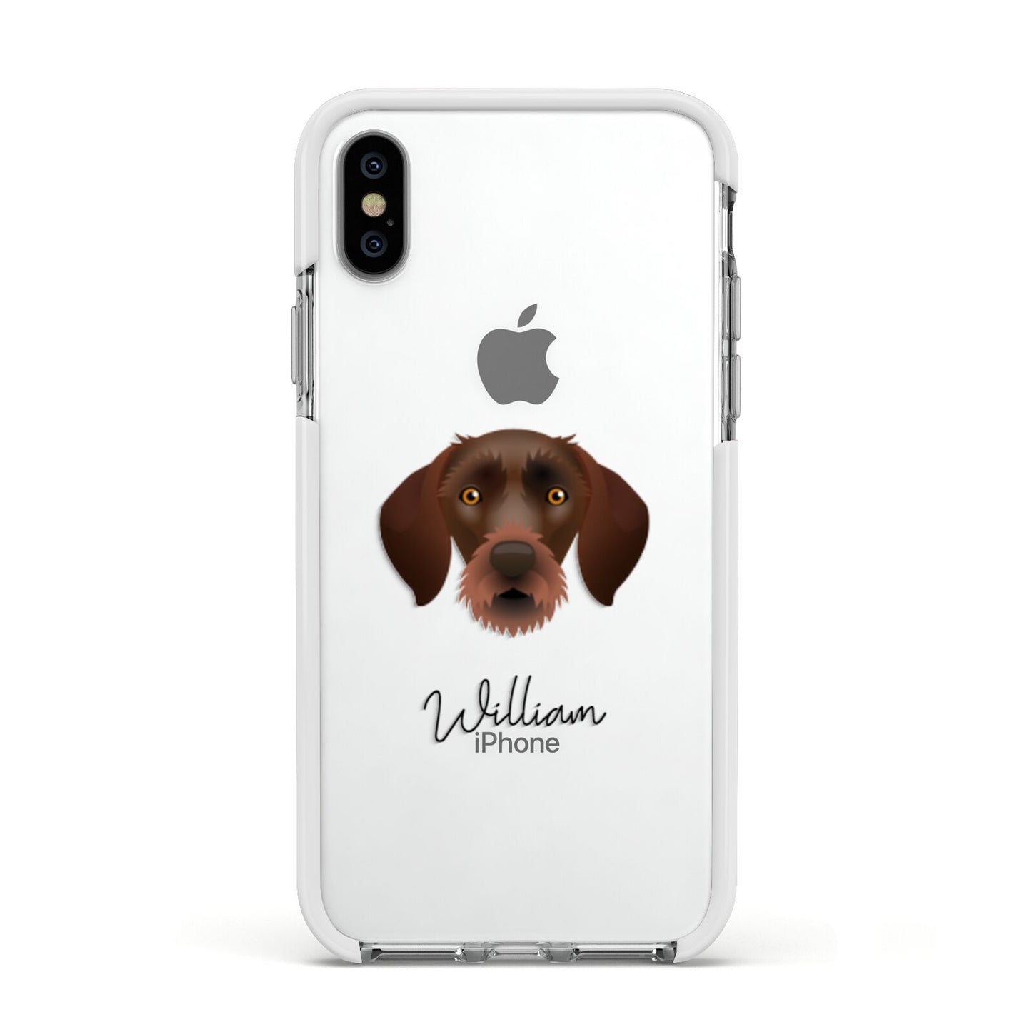 German Wirehaired Pointer Personalised Apple iPhone Xs Impact Case White Edge on Silver Phone