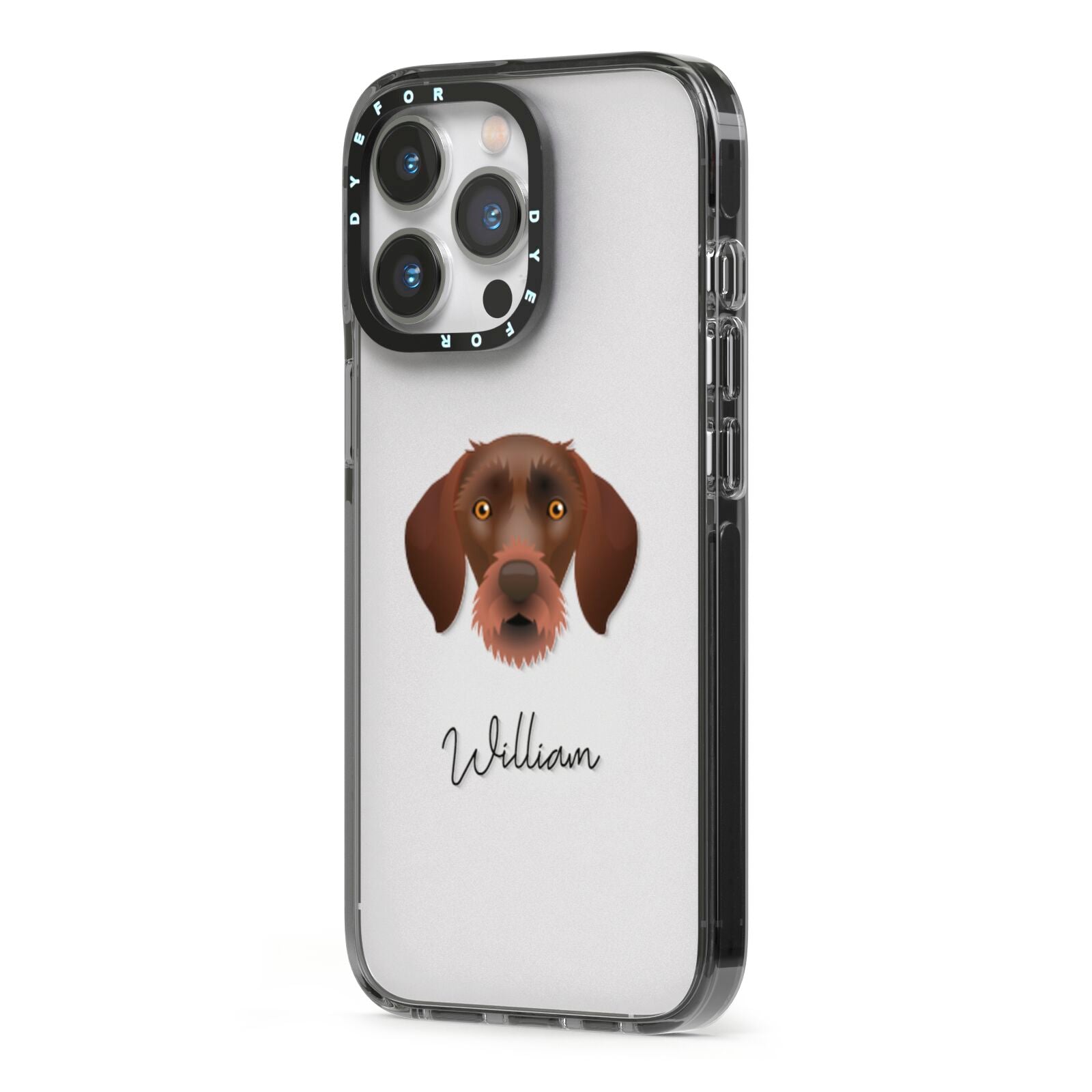 German Wirehaired Pointer Personalised iPhone 13 Pro Black Impact Case Side Angle on Silver phone