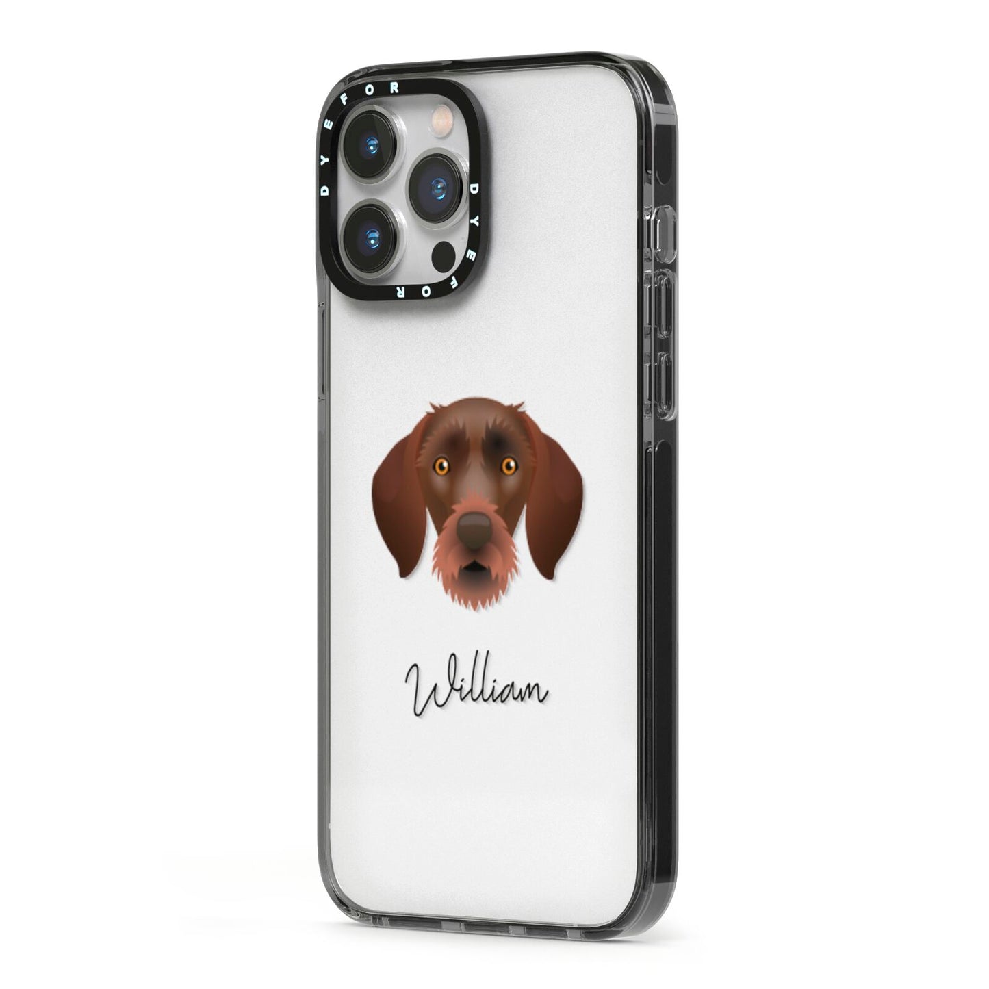 German Wirehaired Pointer Personalised iPhone 13 Pro Max Black Impact Case Side Angle on Silver phone
