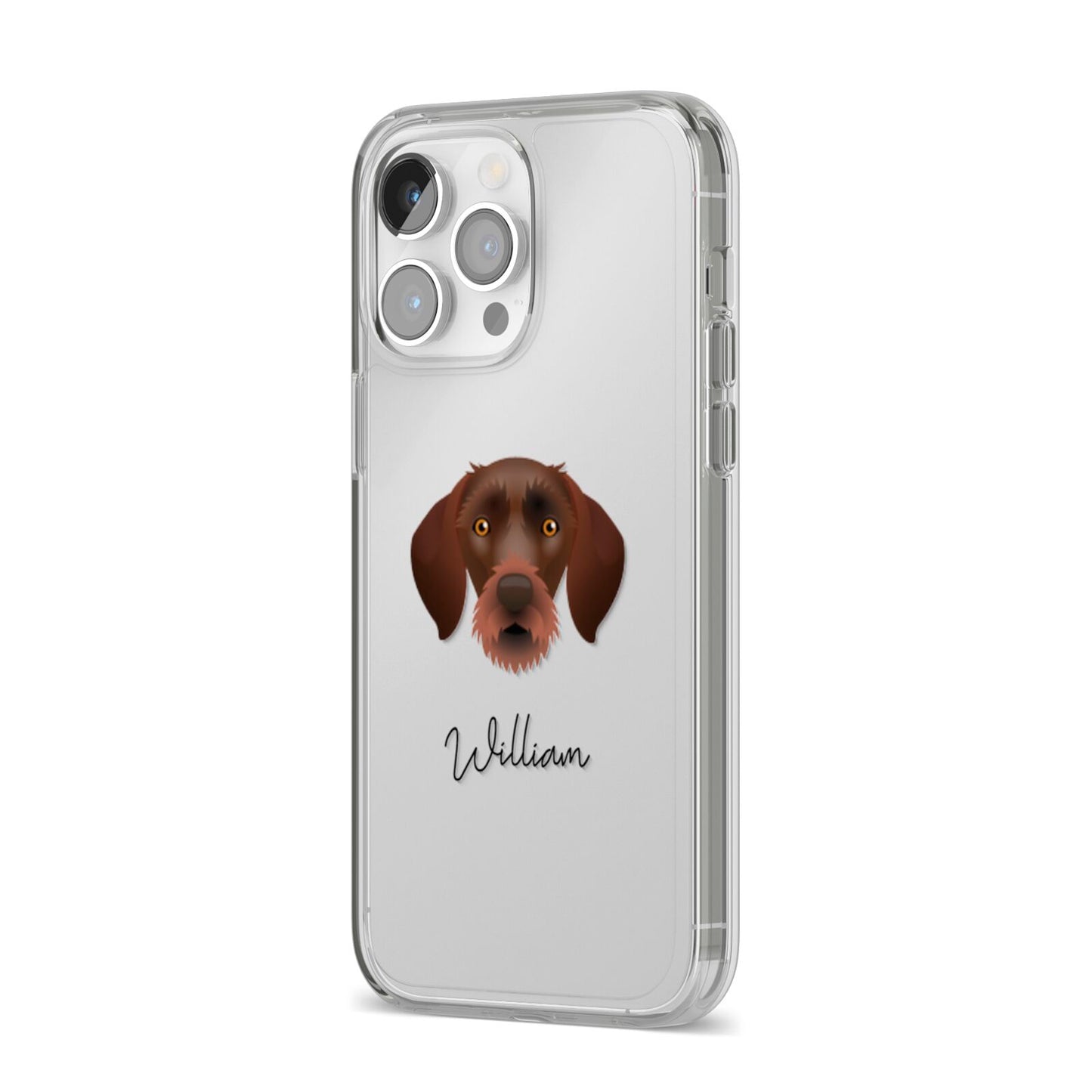 German Wirehaired Pointer Personalised iPhone 14 Pro Max Clear Tough Case Silver Angled Image